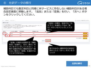 © Money Forward Inc. All Rights Reserved 56
一部マッチングができない部門がある場合、どの部門に変換するか選択が
できます。設定後、「保存」ボタンを押してください。
設定が終わったら
「次へ」ボタンをクリック
「追加」の場合、右の「実行」
ボタンをクリックしてください。
「変換」の場合、変換する「部
門」を選択して右の「実行」ボ
タンをクリックしてください。
仕訳の移行
⑨ 仕訳データの移行
 