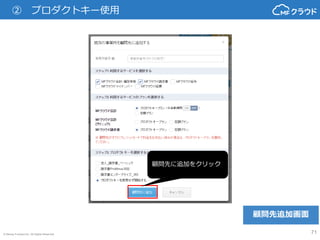© Money Forward Inc. All Rights Reserved 71
クライアント一覧
② プロダクトキー使用
顧問先一覧に表示されますが、
担当者や権限は
承認後に設定が可能です
 