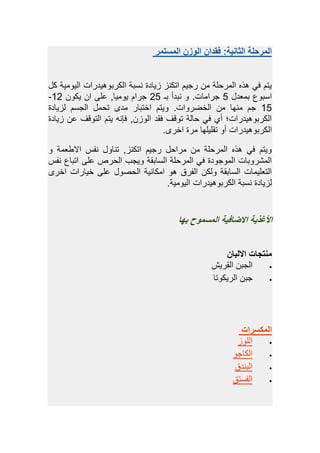 ‫الو‬ ‫فقدان‬ :‫الثانية‬ ‫المرحلة‬‫المستمر‬ ‫زن‬
‫ك‬ ‫اليهمية‬ ‫الكبوهيياباو‬ ‫نسوة‬ ‫زيةاة‬ ‫اتكنز‬ ‫بجيم‬ ‫م‬ ‫المبحلة‬ ‫يذه‬ ‫في‬ ‫يتم‬
‫ومعا‬ ‫اسوهع‬5‫وـ‬ ‫نواد‬ ‫ه‬ .‫جبامةو‬05‫يكه‬ ‫ا‬ ‫ل‬ ‫يهميةد‬ ‫جبام‬20-
25‫لزيةاة‬ ‫الجسم‬ ‫تحم‬ ‫ماى‬ ‫اصتوةب‬ ‫هيتم‬ .‫الصابهاو‬ ‫م‬ ‫منهة‬ ‫جم‬
‫زيةاة‬ ‫التهرف‬ ‫يتم‬ ‫فىنه‬ ‫د‬ ‫الهز‬ ‫فقا‬ ‫تهرف‬ ‫حةلة‬ ‫في‬ ‫دم‬ ‫الكبوهيياباو؛‬
‫ال‬‫اصبى‬ ‫مبة‬ ‫تقليلهة‬ ‫ده‬ ‫كبوهيياباو‬.
‫ه‬ ‫عمة‬ ‫ا‬ ‫نفس‬ ‫تنةه‬ ‫اتكنزد‬ ‫بجيم‬ ‫مباح‬ ‫م‬ ‫المبحلة‬ ‫يذه‬ ‫في‬ ‫هيتم‬
‫نفس‬ ‫اتوةع‬ ‫ل‬ ‫الحبص‬ ‫هيجب‬ ‫السةوقة‬ ‫المبحلة‬ ‫في‬ ‫المهجهاة‬ ‫المشبهوةو‬
‫اصبى‬ ‫صيةباو‬ ‫ل‬ ‫ه‬ ‫الح‬ ‫امكةنية‬ ‫يه‬ ‫الفبق‬ ‫هلك‬ ‫السةوقة‬ ‫التعليمةو‬
‫اليهمية‬ ‫الكبوهيياباو‬ ‫نسوة‬ ‫لزيةاة‬.
‫به‬ ‫المسموح‬ ‫االضافية‬ ‫األغذية‬‫ا‬
‫االلبا‬ ‫منتجات‬‫ن‬
‫القبي‬ ‫الجو‬‫ش‬
‫البيكهت‬ ‫جو‬‫ة‬
‫المكسرات‬
‫اللهز‬
‫الكةجه‬
‫الوناق‬
‫الفستق‬
 