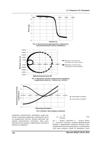 С.Г. Некрасов, А.С. Пономарев
Вестник ЮУрГУ, № 23, 2012110
диаграмму кинетического импеданса, можно вы-
делить следующие параметры: резонансная часто-
та; квадрантные частоты; диаметр круговой диа-
граммы кинетического импеданса. Здесь резо-
нансная частота связана с параметрами пластины и
жидкости по формуле
0
1
2
E
f
r

 
, (12)
где r – радиус пластины; E – модуль Юнга;
ρ – плотность пластины, которые функционально
связаны с параметрами элементов датчика и при-
соединенной массы жидкой среды, и установление
этой связи является одной из решаемых задач.
Рис. 4. Фазочастотная характеристика в окрестности
третьей резонансной частоты колебаний f03
Рис. 5. Диаграммы кругового кинетического импеданса
в окрестности частот f02 = 7,46 кГц и f03 = 31,9 кГц
Рис. 6. Вторая и третья формы колебаний
Copyright ОАО «ЦКБ «БИБКОМ» & ООО «Aгентство Kнига-Cервис»
 