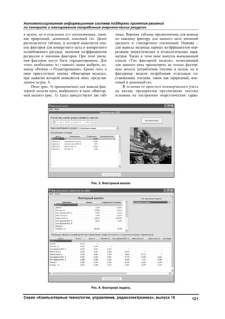 Автоматизированная информационная система поддержки принятия решений
по контролю и планированию потребления энергетических ресурсов
Серия «Компьютерные технологии, управление, радиоэлектроника», выпуск 16 121
в целом, но и отдельных его составляющих, таких
как природный, доменный, коксовый газ. Далее
располагается таблица, в которой выводится спи-
сок факторов для конкретного цеха и конкретного
потребляемого ресурса; значения коэффициентов
регрессии и значения факторов. При этом значе-
ния факторов могут быть отредактированы. Для
этого необходимо из главного меню выбрать ко-
манду «Режим → Редактирование». Кроме того, в
окне присутствует кнопка «Факторная модель»,
при нажатии которой появляется окно, представ-
ленное на рис. 4.
Окно (рис. 4) предназначено для вывода фак-
торной модели цеха, выбранного в окне «Фактор-
ный анализ» (рис. 3). Здесь присутствуют две таб-
лицы. Верхняя таблица предназначена для вывода
по каждому фактору для данного цеха значений
среднего и стандартного отклонений. Нижняя –
для вывода матрицы парных коэффициентов кор-
реляции энергетических и технологических пара-
метров. Также в этом окне имеется выпадающий
список «Тип факторной модели», позволяющий
для данного цеха просмотреть не только фактор-
ную модель потребления топлива в целом, но и
факторные модели потребления отдельных со-
ставляющих топлива, таких как природный, кок-
совый и доменный газ.
В отличие от простого коммерческого учета
на вводах предприятия предлагаемая система
основана на построении энергетических харак-
Рис. 3. Факторный анализ
Рис. 4. Факторная модель
Copyright ОАО «ЦКБ «БИБКОМ» & ООО «Aгентство Kнига-Cервис»
 