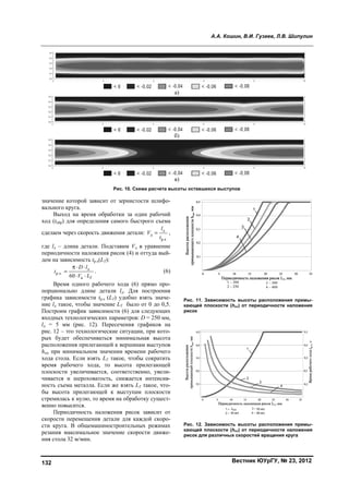 132
значение
вального
Вых
ход (tобр)
сделаем ч
где lд –
периодич
дем на за
р.х.t
Врем
порцион
графика
ние lд та
Построи
входных
lд = 5 м
рис. 12 –
рых буд
располож
hпп при м
хода сто
время р
плоскост
чивается
ность съ
бы высо
стремила
венно по
Пер
скорости
сти круг
резания
ния стол
е которой зав
о круга.
ход на время
) для определ
через скорост
длина детали
чности налож
ависимость tр
д
к60 T
D l
V L
 

 
мя одного р
ально длине
зависимости
акое, чтобы з
м график зав
х технологиче
мм (рис. 12
– это техноло
дет обеспечи
жения прилег
минимальном
ола. Если взя
рабочего ход
ти увеличива
я и шерохов
ъема металла.
ота прилегаю
ась к нулю, т
овысится.
иодичность
и перемещен
га. В общема
максимально
а 32 м/мин.
висит от зер
я обработки
ления самого
ть движения
и. Подставим
жения рисок
р.х(LT):
.
рабочего ход
е детали lд.
и tр.х (LT) удо
значение LT
висимости (6
еских параме
2). Пересечен
огические сит
иваться мини
гающей к вер
м значении в
ять LT такое,
да, то высо
ается, соотве
ватость, сниж
. Если же взя
ющей к выс
то время на о
наложения р
ия детали дл
ашиностроит
ое значение
Рис. 1
нистости шл
за один раб
о быстрого с
детали: дV 
м Vд в уравн
(4) и оттуда
а (6) прямо
Для постро
обно взять зн
было от 0 до
6) для следую
етров: D = 250
ния графико
туации, при к
имальная вы
ршинам выст
времени рабо
чтобы сокра
ота прилегаю
етственно, ув
жается интен
ять LT такое,
ступам плоск
бработку сущ
рисок зависи
ля каждой ск
тельных реж
скорости дв
10. Схема расч
лифо-
бочий
съема
д
р.х
l
t
,
нение
вый-
(6)
про-
оения
наче-
о 0,5.
ющих
0 мм,
ов на
кото-
ысота
тупов
очего
атить
ющей
вели-
нсив-
, что-
кости
щест-
ит от
коро-
жимах
виже-
Ри
каю
ри
Ри
каю
ри
а)
б)
в)
чета высоты о
А.А.
ис. 11. Зависи
ющей плоско
сок
ис. 12. Зависи
ющей плоско
сок для разли
оставшихся вы
. Кошин, В.И
Вестни
имость высот
сти (hпп) от пе
имость высот
сти (hпп) от пе
ичных скорост
ыступов
И. Гузеев, Л.В
ик ЮУрГУ, №
ты расположе
ериодичности
ты расположе
ериодичности
тей вращения
В. Шипулин
№ 23, 2012
ения примы-
и наложения
ения примы-
и наложения
я круга
Copyright ОАО «ЦКБ «БИБКОМ» & ООО «Aгентство Kнига-Cервис»
 