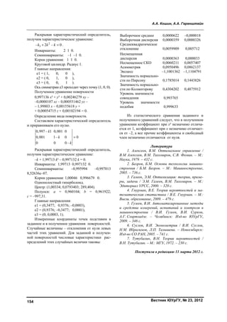 А.А. Кошин, А.А. Геренштейн
Вестник ЮУрГУ, № 23, 2012154
Раскрывая характеристический определитель,
получим характеристическое уравнение:
2
3– 2 – 0k k k  .
Инварианты: 2 1 0.
Семиинварианты: –1 –1 0.
Корни уравнения: 1 1 0.
Круговой цилиндр. Радиус 1.
Главные направления:
e1 = ( 1, 0, 0 ),
e2 = ( 0, 1, 0 ),
e3 = ( 0, 0, 1 ).
Ось симметрии e3 проходит через точку (1, 0, 0).
Полученное уравнение поверхности
0,997136 x² + y² + 0,00246279 xy –
–0,0000107 xz – 0,000551462 yz –
– 1,99803 x – 0,00155618 y +
+ 0,00054715 z + 0,00102194 = 0.
Определение вида поверхности.
Составляем характеристический определитель
и приравниваем его нулю.
0,997 – 1 0,001 0
0,001 1– 0 0
0 0 0 –
k
k
k

Раскрывая характеристический определитель,
получим характеристическое уравнение:
–k + 1,99713 k² – 0,997132 k = 0.
Инварианты: 1,99713 0,997132 0.
Семиинварианты: –0,995994 –0,997013
8,52636e–07.
Корни уравнения: 1,00046 0,996679 0.
Однополостный гиперболоид.
Центр: (1,00334; 0,0793403; 289,404).
Полуоси: a = 0,960104; b = 0,961922;
c = –997,31.
Главные направления:
e1 = (0,3477; 0,9376; –0,0003),
e2 = (0,9376; –0,3477; 0,0001),
e3 = (0; 0,0003, 1).
Измеренные координаты точек подставим в
заданное и в полученное уравнения поверхностей.
Случайные величины – отклонения от нуля левых
частей этих уравнений. Для заданной и получен-
ной поверхностей числовые характеристики рас-
пределений этих случайных величин таковы:
Выборочное среднее 0,0000622 –0,000018
Выборочная дисперсия 0,0000359 0,0000326
Среднеквадратическое
отклонение 0,0059909 0,005712
Несмещенная
дисперсия 0,0000363 0,000033
Несмещенное СКО 0,0060211 0,0057407
Асимметрия 0,0950496 0,0862137
Эксцесс –1,1001362 –1,1104791
Значимость нормально-
сти по Пирсону 0,1785014 0,1443826
Значимость нормально-
сти по Колмогорову 0,4304202 0,4875912
Уровень значимости
совпадения 0,993765
Уровень значимости
подобия 0,999633
Из статистического сравнения заданного и
полученного уравнений следует, что в полученном
уравнении коэффициент при x² незначимо отлича-
ется от 1, коэффициент при x незначимо отличает-
ся от –2, а все прочие коэффициенты и свободный
член незначимо отличаются от нуля.
Литература
1. Алексеев, В.М. Оптимальное управление /
В.М Алексеев, В.М. Тихомиров, С.В. Фомин. – М.:
Наука, 1979. – 432 с.
2. Базров, Б.М. Основы технологии машино-
строения / Б.М. Базров. – М.: Машиностроение,
2005. – 736 с.
3. Галеев, Э.М. Оптимизация: теории, приме-
ры, задачи / Э.М. Галеев, В.М. Тихомиров. – М.:
Эдиториал УРСС, 2000. – 320 с.
4. Гмурман, В.Е. Теория вероятностей и ма-
тематическая статистика / В.Е. Гмурман. – М.:
Высш. образование, 2009. – 479 с.
5. Гузеев, В.И. Автоматизированные методы
и средства измерений, испытаний и контроля в
машиностроении / В.И. Гузеев, В.И. Сурков,
А.Г. Схиртладзе. – Челябинск: Изд-во ЮУрГУ,
2009. – 346 с.
6. Суслов, В.И. Эконометрия / В.И. Суслов,
Н.М. Ибрагимов, Л.П. Талышева. – Новосибирск:
Изд-во СО РАН, 2005. – 741 с.
7. Тутубалин, В.Н. Теория вероятностей /
В.Н. Тутубалин. – М.: МГУ, 1972. – 230 с.
Поступила в редакцию 11 марта 2012 г.
Copyright ОАО «ЦКБ «БИБКОМ» & ООО «Aгентство Kнига-Cервис»
 