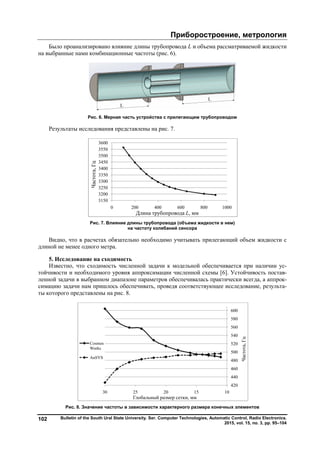 Приборостроение, метрология
Bulletin of the South Ural State University. Ser. Computer Technologies, Automatic Control, Radio Electronics.
2015, vol. 15, no. 3, pp. 95–104
102
Было проанализировано влияние длины трубопровода L и объема рассматриваемой жидкости
на выбранные нами комбинационные частоты (рис. 6).
Рис. 6. Мерная часть устройства с прилегающим трубопроводом
Результаты исследования представлены на рис. 7.
Рис. 7. Влияние длины трубопровода (объема жидкости в нем)
на частоту колебаний сенсора
Видно, что в расчетах обязательно необходимо учитывать прилегающий объем жидкости с
длиной не менее одного метра.
5. Исследование на сходимость
Известно, что сходимость численной задачи к модельной обеспечивается при наличии ус-
тойчивости и необходимого уровня аппроксимации численной схемы [6]. Устойчивость постав-
ленной задачи в выбранном диапазоне параметров обеспечивалась практически всегда, а аппрок-
симацию задачи нам пришлось обеспечивать, проведя соответствующее исследование, результа-
ты которого представлены на рис. 8.
Рис. 8. Значение частоты в зависимости характерного размера конечных элементов
Copyright ОАО «ЦКБ «БИБКОМ» & ООО «Aгентство Kнига-Cервис»
 