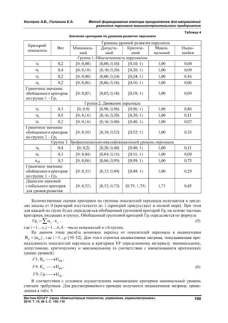Костров А.В., Головина Е.А. Метод формирования вектора приоритетов для направлений
развития персонала машиностроительного предприятия
Вестник ЮУрГУ. Серия «Компьютерные технологии, управление, радиоэлектроника».
2015. Т. 15, № 3. С. 105–114
109
Таблица 4
Значения критериев по уровням развития персонала
Критерий/
показатель
Вес
Границы уровней развития персонала
Минималь-
ный
Допусти-
мый
Критиче-
ский
Макси-
мальный
Имею-
щийся
Группа 1. Обеспеченность персоналом
1п 0,2 [0; 0,00) [0,00; 0,10) [0,10; 1) 1,00 0,04
2п 0,4 [0; 0,10) [0,10; 0,20) [0,20; 1) 1,00 0,09
3п 0,2 [0; 0,00) [0,00; 0,24) [0,24; 1) 1,00 0,16
4п 0,2 [0; 0,06) [0,06; 0,16) [0,16; 1) 1,00 0,06
Граничное значение
обобщенного критерия
по группе 1 – Гр1
[0; 0,05) [0,05; 0,18) [0,18; 1) 1,00 0,09
Группа 2. Движение персонала
5п 0,3 [0; 0,9) [0,90; 0,96) [0,96; 1) 1,00 0,86
6п 0,5 [0; 0,16) [0,16; 0,30) [0,30; 1) 1,00 0,11
7п 0,2 [0; 0,16) [0,16; 0,40) [0,40; 1) 1,00 0,07
Граничное значение
обобщенного критерия
по группе 2 – Гр2
[0; 0,38) [0,38; 0,52) [0,52; 1) 1,00 0,33
Группа 3. Профессионально-квалификационный уровень персонала
8п 0,4 [0; 0,2) [0,20; 0,40) [0,40; 1) 1,00 0,11
9п 0,3 [0; 0,04) [0,04; 0,11) [0,11; 1) 1,00 0,09
10п 0,3 [0; 0,86) [0,86; 0,99) [0,99; 1) 1,00 0,73
Граничное значение
обобщенного критерия
по группе 3 – Гр3
[0; 0,35) [0,35; 0,49) [0,49; 1) 1,00 0,29
Диапазон значений
глобального критерия
для уровня развития
[0; 0,52) [0,52; 0,73) [0,73; 1,73) 1,73 0,45
Количественные оценки критериев по группам показателей персонала получаются в преде-
лах шкалы от 0 (критерий отсутствует) до 1 (критерий присутствует в полной мере). При этом
для каждой из групп будет определяться обобщенный групповой критерий Грi на основе частных
критериев, входящих в группу. Обобщенный групповой критерий Грi определяется по формуле
Гр пi j j   , (5)
где i = 1…r, j = 1…h, h – число показателей в i-й группе.
На данном этапе расчёта возможен переход от показателей персонала к индикаторам
и иИ {и }i , где i = 1…p [10–12]. Для этого строится индикативная матрица, показывающая при-
надлежность показателей персонала и критериев УР определенному интервалу: минимальному,
допустимому, критическому и максимальному (в соответствии с наименованием критических
границ уровней):
и пи
и ки
гр
3:П И ,
4:К И ,
5:Гр И .
F
F
F



(6)
В соответствии с условием осуществления минимизации критериев минимальный уровень
считаем требуемым. Для рассматриваемого примера получается индикативная матрица, приве-
денная в табл. 5.
Copyright ОАО «ЦКБ «БИБКОМ» & ООО «Aгентство Kнига-Cервис»
 