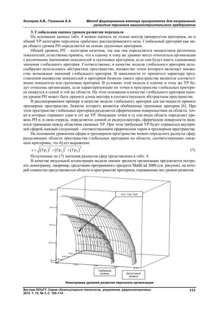 Костров А.В., Головина Е.А. Метод формирования вектора приоритетов для направлений
развития персонала машиностроительного предприятия
Вестник ЮУрГУ. Серия «Компьютерные технологии, управление, радиоэлектроника».
2015. Т. 15, № 3. С. 105–114
111
3. Глобальная оценка уровня развития персонала
На основании данных табл. 4 можно оценить не только вектор приоритетов критериев, но и
общий УР категории персонала «рабочие» рассматриваемого цеха. Глобальный критерий как ме-
ра общего уровня РП определяется на основе групповых критериев.
Общий уровень РП – категория нечеткая, так как она определяется множеством различных
показателей; естественно принять, что к одному и тому же уровню могут относиться организации
с различными значениями показателей и групповых критериев, если они будут иметь одинаковые
значения глобального критерия. Соответственно, в качестве модели глобального критерия целе-
сообразно использовать абстрактное пространство, множество точек которого включает множе-
ство возможных значений глобального критерия. В зависимости от принятого характера пред-
ставления множества показателей и критериев базисом такого пространства являются соответст-
венно показатели или групповые критерии. В условиях этой модели к одному и тому же УР бу-
дут отнесены организации, если характеризующие их точки в пространстве глобальных критери-
ев окажутся в одной и той же области. На этом основании в качестве глобального критерия оцен-
ки уровня РП может быть принята длина вектора в соответствующем абстрактном пространстве.
В рассматриваемом примере в качестве модели глобального критерия для наглядности принято
трехмерное пространство, базисом которого являются обобщенные групповые критерии [6]. При
этом пространство глобальных критериев разделяется сферическими поверхностями на области, точ-
ки в которых отражают один и тот же УР. Попадание точки в ту или иную область определяет уро-
вень РП и, в свою очередь, определяется длиной ее радиуса-вектора, сферические поверхности явля-
ются границами между областями смежных УР. При этом требуемый УР будет отражаться внутрен-
ней сферой, каждый следующий – соответствующим сферическим тором в трехмерном пространстве.
На основании уравнения сферы в трехмерном пространстве можно определить радиусы сфер,
разделяющих области пространства глобальных критериев на области, соответствующие смеж-
ным критериям; это будет выражение
     22 2
1 2 3Гр Гр Гр    . (7)
Полученные по (7) значения радиусов сфер представлены в табл. 4.
В качестве визуальной иллюстрации модели оценки зрелости организации предлагается постро-
ить номограмму, например, средствами программного продукта MathСad 2000 (см. рисунок), на кото-
рой совместно представляются области в пространстве критериев, отражающие все уровни развития.
Номограмма уровней развития персонала организации
(Гр1, Гр2, Гр3)
Допустимый
уровень
Требуемый
уровень
Copyright ОАО «ЦКБ «БИБКОМ» & ООО «Aгентство Kнига-Cервис»
 