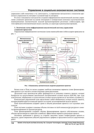 Управление в социально-экономических системах
Bulletin of the South Ural State University. Ser. Computer Technologies, Automatic Control, Radio Electronics.
2015, vol. 15, no. 3, pp. 133–141
134
управления слабо вовлечены в эту деятельность, а современная методология и технология про-
ектного управления не учитывает в должной мере их интересы.
В статье описывается методология создания информационно-аналитической системы управ-
ления сложными проектами на основе интеграции и конвергенции комплекса мультиаспектных
взаимоувязанных математических моделей функционирования различных стейкхолдеров, при
этом приводится математическая модель системы, ее структура и реализуемые функции.
1. Логическая схема информационно-аналитической системы управления
сложными проектами
Укрупненная информационно-логическая схема взаимодействия стейкхолдеров приведена на
рис. 1.
Рис. 1. Взаимосвязь математических моделей управления проектом
Бизнес-план и План по вехам содержат наиболее возможные варианты плана финансирова-
ния проекта и его частей и соответствующие сроки реализации.
Детальный план производства работ формируется из описания сложного проекта, которое
базируется на использовании циклической альтернативной сетевой модели (ЦАСМ), при этом
классические, обобщенные и стохастические сетевые модели являются ее частными случаями [1].
Комплексный укрупненный план представляет собой обобщенную сетевую модель проекта,
которая разрабатывается командой проекта на основе детализированной модели проекта.
План налогообложения содержит сроки и объемы реализации проекта и его пусковых ком-
плексов.
План поставок содержит плановые объемы поставок по всей номенклатуре ресурсов и лими-
ты финансирования по группам ресурсов.
План финансирования содержит объемы финансирования проекта собственными силами,
объемы кредитования по периодам и наиболее эффективные варианты реализации проекта.
Основные требования к проекту со стороны заказчика задают конфигурацию проекта и
продукта, сроки свершения событий укрупненного графика и продолжительности укрупненных
работ.
Математическаямодель
деятельности
Руководителяикоманды
управления проектом
Требованияи
рекомендации со стороны
регулирующих органов,
коммерческойслужбыи
поставщика
План финансирования Основные
требованияк
проекту
Математическая
модель деятельности
Заказчика
Математическая
модельдеятельности
Инвестора
Математическаямодель
деятельности
Регулирующихорганов
Математическая модель
деятельности
Генконтрактора
Математическаямодель
деятельностиПоставщика
План поставок
Детальныйплан
производства работ Комплексный
укрупненный план
Бизнес–план
и План по вехам
План налогообложения
Коммерческая служба
Copyright ОАО «ЦКБ «БИБКОМ» & ООО «Aгентство Kнига-Cервис»
 