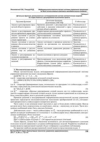 Логиновский О.В., Гельруд Я.Д. Информационно-аналитическая система управления проектами
на базе использования комплекса математических моделей…
Вестник ЮУрГУ. Серия «Компьютерные технологии, управление, радиоэлектроника».
2015. Т. 15, № 3. С. 133–141
139
Таблица 4
Детальные функции, реализованные в интегрированной системе математических моделей
на стадии Анализа и регулирования выполнения проекта
Трудовая функция
Детальные функции,
включаемые в ИСУПр
Стейкхолдер
Анализ и регулирование пред-
метной области проекта
Принятие решений о регулирующих воз-
действиях и внесение изменений в пред-
метную область проекта
Руководитель и
команда проекта
Анализ и регулирование про-
екта по временным параметрам
Корректировка расписания работ проекта с
учетом внесенных изменений
Руководитель и
команда проекта
Анализ состояния и регули-
рование проекта по стоимо-
стным параметрам
Прогнозирование состояния выполнения
работ проекта по стоимости
Руководитель и
команда проекта,
Инвестор
Анализ состояния и регули-
рование обеспечения качества
в проекте
Анализ состояния и прогресса качества в
проекте на протяжении его жизненного
цикла
Заказчик,
Руководитель и
команда проекта
Анализ состояния и регули-
рование мер по снижению
рисков
Анализ состояния управления рисками в
проекте
Заказчик,
Руководитель и
команда проекта
Анализ и регулирование ис-
полнения контрактов
Анализ состояния и прогноз ситуации Генпоставщик
Анализ и регулирование из-
менений
Прогнозирование хода выполнения работ
проекта, с учетом рекомендуемых корректив.
Корректировка планов работ проекта с
учетом внесенных изменений
Руководитель и
команда проекта
Руководитель и
команда проекта
3. Математическая модель
Общая математическая модель интегрированной информационно-аналитической системы
управления проектами выглядит следующим образом:
Qi(ДCМ) = Gi (i = 1, 2, …, 6), (1)
где Qi – операторы агрегирования детальной сетевой модели,
Gi = (ИФМ ⋁ ПСМ ⋁ УСМ ⋁ ОЛМ ⋁ МИВП ⋁ ДМ);
Ri(Gi), (2)
где Ri – операторы формирования плана, оптимального по критериям i-го стейкхолдера, в соот-
ветствие с присущим ему комплексом математических моделей,
[ ( )] = ДСМ′, (3)
где – операторы, обратные агрегированию сетевой модели для i-го стейкхолдера, заклю-
чаются в корректировке детальной сетевой модели, путем задания ограничений на отдельные ра-
боты, комплексы работ, вехи в детальной сетевой модели.
Принятие решений в интегрированной информационно-аналитической системе управления
проектами определяется последовательностью выполнения преобразований (1)–(3), учитываю-
щей приоритетность стейкхолдеров в конкретном проекте.
Часто одна и та же компания может выступать в двух и более ролях стейкхолдеров. Иногда
все роли могут быть сосредоточены «в одной руке», иногда – «несколько, но не все». Число воз-
можных комбинаций может быть довольно большим.
Действительно, если n – число стейкхолдеров, то С – число различных комбинаций из n по k,
причем на каждую комбинацию из k остальные n –k стейкхолдеров могут образовывать свои раз-
личные комбинации. Итого получаем
∑ С ∑ С = ∑ С ∙ 2 = (1 + 2) = 3 . (4)
При 5 стейкхолдерах получаем 35
= 243 вариантов различных сочетаний.
Таким образом, должна быть обеспечена возможность для автоматизированного сочетания
отдельных моделей управления и создания комбинированных моделей. Разработка подобной ме-
тодики является перспективной задачей и будет отображена в дальнейших публикациях.
На практике наиболее распространенной схемой является представленная на рис. 3.
Copyright ОАО «ЦКБ «БИБКОМ» & ООО «Aгентство Kнига-Cервис»
 