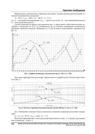 Краткие сообщения
Bulletin of the South Ural State University. Ser. Computer Technologies, Automatic Control, Radio Electronics.
2015, vol. 15, no. 3, pp. 157–162
158
Первоначально установленные параметры регулятора, соответствующие рекомендациям за-
водских инструкций [2], следующие:
Ти = 150 с; Tштока = 240 с; Хp = 150 °С; Nz = 3 °С,
где Ти – постоянная интегрирования; Tштока – время хода штока; Хp – зона пропорциональности;
Nz – зона нечувствительности.
Соответствующий им процесс регулирования (рис. 1) представляет собой периодические ко-
лебания с амплитудой до 10 °С, а, следовательно, на эту величину температура теплоносителя
превышает требуемое значение. Изменение Ти в 5 раз не внесло существенных изменений (см.
рис. 1).
Рис. 1. Графики температуры теплоносителя при Ти = 30 с и Ти = 150 с
Частотная характеристика регулятора, определённая по разработанной методике представле-
на на рис. 2.
Рис. 2. Частотные характеристики регулятора ECL Comfort 200 при Ти = 30 с и Ти = 150 с
Для «повышения» динамики были установлены следующие параметры регулятора темпера-
туры:
Ти = 5 с; Хp = 30 °С; Tштока = 240 с; Nz = 1 °С.
Частотная характеристика такого регулятора представлена на рис. 3, а процесс регулирова-
ния температуры – на рис. 4.
Copyright ОАО «ЦКБ «БИБКОМ» & ООО «Aгентство Kнига-Cервис»
 