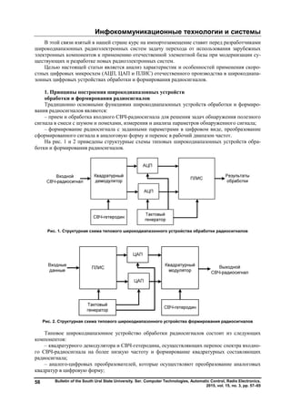Инфокоммуникационные технологии и системы
Bulletin of the South Ural State University. Ser. Computer Technologies, Automatic Control, Radio Electronics.
2015, vol. 15, no. 3, pp. 57–65
58
В этой связи взятый в нашей стране курс на импортозамещение ставит перед разработчиками
широкодиапазонных радиоэлектронных систем задачу перехода от использования зарубежных
электронных компонентов к применению отечественной элементной базы при модернизации су-
ществующих и разработке новых радиоэлектронных систем.
Целью настоящей статьи является анализ характеристик и особенностей применения скоро-
стных цифровых микросхем (АЦП, ЦАП и ПЛИС) отечественного производства в широкодиапа-
зонных цифровых устройствах обработки и формирования радиосигналов.
1. Принципы построения широкодиапазонных устройств
обработки и формирования радиосигналов
Традиционно основными функциями широкодиапазонных устройств обработки и формиро-
вания радиосигналов являются:
– прием и обработка входного СВЧ-радиосигнала для решения задач обнаружения полезного
сигнала в смеси с шумом и помехами, измерения и анализа параметров обнаруженного сигнала;
– формирование радиосигнала с заданными параметрами в цифровом виде, преобразование
сформированного сигнала в аналоговую форму и перенос в рабочий диапазон частот.
На рис. 1 и 2 приведены структурные схемы типовых широкодиапазонных устройств обра-
ботки и формирования радиосигналов.
Рис. 1. Структурная схема типового широкодиапазонного устройства обработки радиосигналов
Рис. 2. Структурная схема типового широкодиапазонного устройства формирования радиосигналов
Типовое широкодиапазонное устройство обработки радиосигналов состоит из следующих
компонентов:
– квадратурного демодулятора и СВЧ-гетеродина, осуществляющих перенос спектра входно-
го СВЧ-радиосигнала на более низкую частоту и формирование квадратурных составляющих
радиосигнала;
– аналого-цифровых преобразователей, которые осуществляют преобразование аналоговых
квадратур в цифровую форму;
Copyright ОАО «ЦКБ «БИБКОМ» & ООО «Aгентство Kнига-Cервис»
 
