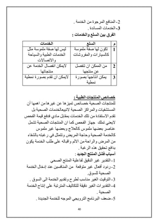 40
2-. ‫الخدمة‬ ‫من‬ ‫المرجوة‬ ‫المنافع‬
3-. ‫المساندة‬ ‫الخدمات‬
: ‫والخدمات‬ ‫السلع‬ ‫بين‬ ‫الفرق‬
‫م‬‫السلع‬‫الخدمات‬
1‫ملموسة‬ ‫صفة‬ ‫لها‬ ‫تكون‬
‫والمفروشات‬ ‫كالسيارات‬
‫مثل‬ ‫ملموسة‬ ‫صفة‬ ‫لها‬ ‫ليس‬
‫والسياحة‬ ‫الطبية‬ ‫الخدمات‬
‫واالتصاالت‬
2‫تنفصل‬ ‫ان‬ ‫الممكن‬ ‫من‬
‫منتجها‬ ‫عن‬
‫عن‬ ‫الخدمة‬ ‫انفصال‬ ‫اليمكن‬
‫منتجاتها‬
3‫بصورة‬ ‫انتاجها‬ ‫يمكن‬
‫نمطية‬
‫نمطية‬ ‫بصورة‬ ‫تقدم‬ ‫ان‬ ‫اليمكن‬
‫الطبية‬ ‫المنتجات‬ ‫خصائص‬:
‫أن‬ ‫اهمها‬ ‫من‬‫غيرها‬ ‫عن‬ ‫تميزها‬ ‫خصائص‬ ‫الصحية‬ ‫للمنتجات‬
‫بل‬ ‫الصحية‬ ‫التبيعالخدمات‬ ‫الصحية‬ ‫والمراكز‬ ‫المستشفيات‬
‫الفحص‬ ‫قيمة‬ ‫فدفع‬ ‫مادي‬ ‫بمقابل‬ ‫الخدمات‬ ‫تلك‬ ‫من‬ ‫االستفادة‬ ‫تقدم‬
‫تملك‬ ‫اليعني‬‫تشمل‬ ‫الصحية‬ ‫المنتجات‬ ‫ان‬ ‫كما‬ ‫الفحص‬ ‫جهاز‬
‫ملموس‬ ‫غير‬ ‫وبعضها‬ ‫كالعالج‬ ‫ملموس‬ ‫بعضها‬ ‫عناصر‬
‫بالشفاء‬ ‫رغبته‬ ‫في‬ ‫وتتمثل‬ ‫المريض‬ ‫وحاجة‬ ‫الصحية‬ ‫كالخدمة‬
‫يكون‬ ‫الخدمة‬ ‫طلب‬ ‫على‬ ‫واقباله‬ ‫االلم‬ ‫من‬ ‫والراحة‬ ‫المرض‬ ‫من‬
. ‫الرغبة‬ ‫هذه‬ ‫تحقيق‬ ‫بدافع‬
‫الجديد‬ ‫المنتج‬ ‫فشل‬ ‫أسباب‬:
1-‫الصحي‬ ‫المنتج‬ ‫لفاعلية‬ ‫الدقيق‬ ‫غير‬ ‫التقدير‬
2-‫عند‬ ‫المنافسين‬ ‫من‬ ‫متوقعة‬ ‫غير‬ ‫أفعال‬ ‫ردود‬‫إدخال‬‫الخدمة‬
.‫للسوق‬ ‫الصحية‬
3-. ‫السوق‬ ‫الى‬ ‫الخدمة‬ ‫وتقديم‬ ‫لطرح‬ ‫مناسب‬ ‫الغير‬ ‫التوقيت‬
4-‫على‬ ‫المترتبة‬ ‫للتكاليف‬ ‫دقيقة‬ ‫الغير‬ ‫التقديرات‬‫إنتاج‬‫الخدمة‬
. ‫الصحية‬
5-‫لل‬ ‫الموجه‬ ‫الترويجي‬ ‫البرنامج‬ ‫ضعف‬‫الجديدة‬ ‫خدمة‬.
 