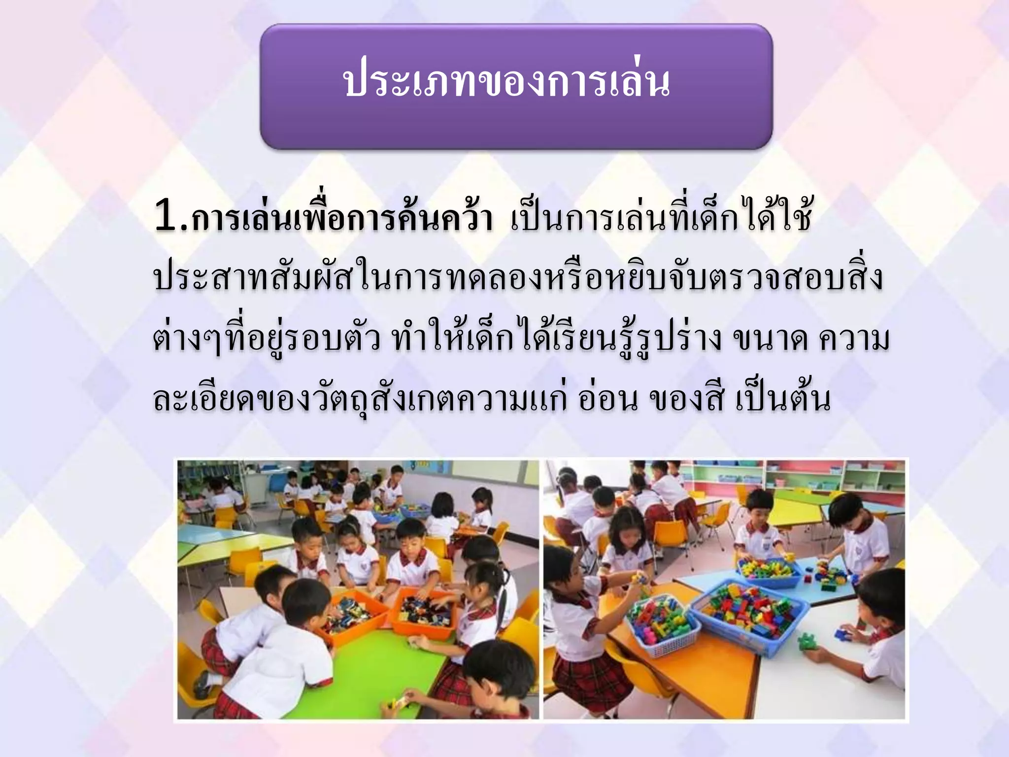 ประเภทของการเล่น
1.การเล่นเพื่อการค้นคว้า เป็นการเล่นที่เด็กได้ใช้
ประสาทสัมผัสในการทดลองหรือหยิบจับตรวจสอบสิ่ง
ต่างๆที่อยู่รอบตัว ทาให้เด็กได้เรียนรู้รูปร่าง ขนาด ความ
ละเอียดของวัตถุสังเกตความแก่ อ่อน ของสี เป็นต้น
 