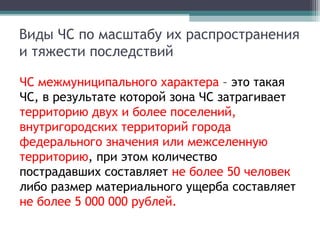 Виды ЧС по масштабу их распространения
и тяжести последствий
ЧС межмуниципального характера – это такая
ЧС, в результате которой зона ЧС затрагивает
территорию двух и более поселений,
внутригородских территорий города
федерального значения или межселенную
территорию, при этом количество
пострадавших составляет не более 50 человек
либо размер материального ущерба составляет
не более 5 000 000 рублей.
 