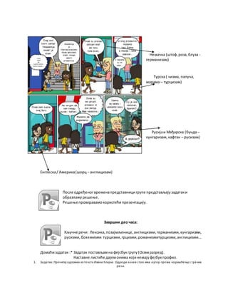 Немачка (штоф,роза,блуза -
германизам)
Турска( чизма, папуча,
марама – турцизам)
Русијаи Мађарска (бунда–
хунгаризам,кафтан – русизам)
Енглеска/ Америка(шорц – англицизам)
После одређеногвременапредставницигрупе представљајузадатаки
образлажурешење.
Решење проверавамокористећи презентацију.
Завршни део часа:
Кључне речи: Лексика,позајмљенице,англицизми,германизми,хунгаризми,
русизми, бохемизми турцизми,грцизми,романизмитурцизми,англицизми...
Домаћизадатак :* Задатак постављам на фејсбукгрупу(Осмиразред).
Наставне листиће дајемонима којинемајуфејбукпрофил.
1. Задатак:Прочитај одломак из текста Ивана Клајна. Одреди какав став има аутор према коришћењу страних
речи.
 