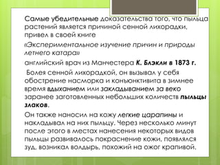 Самые убедительные доказательства того, что пыльца
растений является причиной сенной лихорадки,
привел в своей книге
«Экспериментальное изучение причин и природы
летнего катара»
английский врач из Манчестера К. Блэкли в 1873 г.
Болея сенной лихорадкой, он вызывал у себя
обострение насморка и конъюнктивита в зимнее
время вдыханием или закладыванием за веко
заранее заготовленных небольших количеств пыльцы
злаков.
Он также наносил на кожу легкие царапины и
накладывал на них пыльцу. Через несколько минут
после этого в местах нанесения некоторых видов
пыльцы развивалось покраснение кожи, появлялся
зуд, возникал волдырь, похожий на ожог крапивой.
 