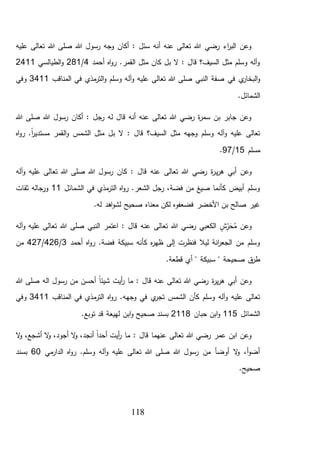 118
‫عليه‬ ‫تعالى‬ ‫هللا‬ ‫صلى‬ ‫هللا‬ ‫رسول‬ ‫وجه‬ ‫أكان‬ : ‫سئل‬ ‫أنه‬ ‫عنه‬ ‫تعالى‬ ‫هللا‬ ‫رضي‬ ‫اء‬‫ر‬‫الب‬ ‫وعن‬
‫أحمد‬ ‫اه‬‫و‬‫ر‬ .‫القمر‬ ‫مثل‬ ‫كان‬ ‫بل‬ ‫ال‬ : ‫قال‬ ‫السيف؟‬ ‫مثل‬ ‫وسلم‬ ‫آله‬‫و‬4/281‫الطيالسي‬‫و‬2411
‫النبي‬ ‫صفة‬ ‫في‬ ‫ي‬‫البخار‬‫و‬‫المناقب‬ ‫في‬ ‫مذي‬‫التر‬‫و‬ ‫وسلم‬ ‫آله‬‫و‬ ‫عليه‬ ‫تعالى‬ ‫هللا‬ ‫صلى‬3411‫وفي‬
.‫الشمائل‬
‫هللا‬ ‫صلى‬ ‫هللا‬ ‫رسول‬ ‫أكان‬ : ‫رجل‬ ‫له‬ ‫قال‬ ‫أنه‬ ‫عنه‬ ‫تعالى‬ ‫هللا‬ ‫رضي‬ ‫ة‬‫ر‬‫سم‬ ‫بن‬ ‫جابر‬ ‫وعن‬
‫اه‬‫و‬‫ر‬ .ً‫ا‬‫ر‬‫مستدي‬ ‫القمر‬‫و‬ ‫الشمس‬ ‫مثل‬ ‫بل‬ ‫ال‬ : ‫قال‬ ‫السيف؟‬ ‫مثل‬ ‫وجهه‬ ‫وسلم‬ ‫آله‬‫و‬ ‫عليه‬ ‫تعالى‬
‫مسلم‬15/97.
‫ي‬‫ر‬‫ه‬ ‫أبي‬ ‫وعن‬‫آله‬‫و‬ ‫عليه‬ ‫تعالى‬ ‫هللا‬ ‫صلى‬ ‫هللا‬ ‫رسول‬ ‫كان‬ : ‫قال‬ ‫عنه‬ ‫تعالى‬ ‫هللا‬ ‫رضي‬ ‫ة‬‫ر‬
‫الشمائل‬ ‫في‬ ‫مذي‬‫التر‬ ‫اه‬‫و‬‫ر‬ .‫الشعر‬ ‫رجل‬ ،‫فضة‬ ‫من‬ ‫صيغ‬ ‫كأنما‬ ‫أبيض‬ ‫وسلم‬11‫ثقات‬ ‫ورجاله‬
.‫له‬ ‫اهد‬‫و‬‫لش‬ ‫صحيح‬ ‫معناه‬ ‫لكن‬ ‫فضعفوه‬ ‫األخضر‬ ‫بن‬ ‫صالح‬ ‫غير‬
‫النب‬ ‫اعتمر‬ : ‫قال‬ ‫عنه‬ ‫تعالى‬ ‫هللا‬ ‫رضي‬ ‫الكعبي‬ ٍ‫ش‬ِّ‫ر‬َ‫ح‬ُ‫م‬ ‫وعن‬‫آله‬‫و‬ ‫عليه‬ ‫تعالى‬ ‫هللا‬ ‫صلى‬ ‫ي‬
‫أحمد‬ ‫اه‬‫و‬‫ر‬ .‫فضة‬ ‫سبيكة‬ ‫كأنه‬ ‫ه‬‫ر‬‫ظه‬ ‫إلى‬ ‫فنظرت‬ ‫ليال‬ ‫انة‬‫ر‬‫الجع‬ ‫من‬ ‫وسلم‬3/426/427‫من‬
.‫قطعة‬ ‫أي‬ " ‫سبيكة‬ " ‫صحيحة‬ ‫ق‬‫طر‬
‫هللا‬ ‫صلى‬ ‫اله‬ ‫رسول‬ ‫من‬ ‫أحسن‬ ً‫ا‬‫شيئ‬ ‫أيت‬‫ر‬ ‫ما‬ : ‫قال‬ ‫عنه‬ ‫تعالى‬ ‫هللا‬ ‫رضي‬ ‫ة‬‫ر‬‫ي‬‫ر‬‫ه‬ ‫أبي‬ ‫وعن‬
‫وجه‬ ‫في‬ ‫ي‬‫تجر‬ ‫الشمس‬ ‫كأن‬ ‫وسلم‬ ‫آله‬‫و‬ ‫عليه‬ ‫تعالى‬‫المناقب‬ ‫في‬ ‫مذي‬‫التر‬ ‫اه‬‫و‬‫ر‬ .‫ه‬3411‫وفي‬
‫الشمائل‬115‫حبان‬ ‫ابن‬‫و‬2118.‫توبع‬ ‫قد‬ ‫لهيعة‬ ‫ابن‬‫و‬ ‫صحيح‬ ‫بسند‬
‫ال‬‫و‬ ،‫أشجع‬ ‫ال‬‫و‬ ،‫أجود‬ ‫ال‬‫و‬ ،‫أنجد‬ ً‫ا‬‫أحد‬ ‫أيت‬‫ر‬ ‫ما‬ : ‫قال‬ ‫عنهما‬ ‫تعالى‬ ‫هللا‬ ‫رضي‬ ‫عمر‬ ‫ابن‬ ‫وعن‬
‫مي‬‫الدار‬ ‫اه‬‫و‬‫ر‬ .‫وسلم‬ ‫آله‬‫و‬ ‫عليه‬ ‫تعالى‬ ‫هللا‬ ‫صلى‬ ‫هللا‬ ‫رسول‬ ‫من‬ ‫أوضأ‬ ‫ال‬‫و‬ ،‫أ‬‫و‬‫أض‬60‫بس‬‫ند‬
.‫صحيح‬
 