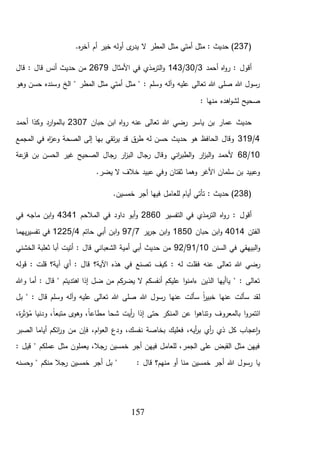 157
(237‫م‬ ‫أمتي‬ ‫مثل‬ : ‫حديث‬ ).‫ه‬‫ر‬‫آخ‬ ‫أم‬ ‫خير‬ ‫أوله‬ ‫ى‬‫يدر‬ ‫ال‬ ‫المطر‬ ‫ثل‬
‫أحمد‬ ‫اه‬‫و‬‫ر‬ : ‫أقول‬3/30/143‫األمثال‬ ‫في‬ ‫مذي‬‫التر‬‫و‬2679‫قال‬ : ‫قال‬ ‫أنس‬ ‫حديث‬ ‫من‬
‫وهو‬ ‫حسن‬ ‫وسنده‬ ‫الخ‬ " ‫المطر‬ ‫مثل‬ ‫أمتي‬ ‫مثل‬ " : ‫وسلم‬ ‫آله‬‫و‬ ‫عليه‬ ‫تعالى‬ ‫هللا‬ ‫صلى‬ ‫هللا‬ ‫رسول‬
: ‫منها‬ ‫اهده‬‫و‬‫لش‬ ‫صحيح‬
‫رو‬ ‫عنه‬ ‫تعالى‬ ‫هللا‬ ‫رضي‬ ‫ياسر‬ ‫بن‬ ‫عمار‬ ‫حديث‬‫حبان‬ ‫ابن‬ ‫اه‬2307‫أحمد‬ ‫وكذا‬ ‫ارد‬‫و‬‫بالم‬
4/319‫المجمع‬ ‫في‬ ‫اه‬‫ز‬‫وع‬ ‫الصحة‬ ‫إلى‬ ‫بها‬ ‫تقي‬‫ر‬‫ي‬ ‫قد‬ ‫ق‬‫طر‬ ‫له‬ ‫حسن‬ ‫حديث‬ ‫هو‬ ‫الحافظ‬ ‫وقال‬
10/68‫عة‬‫قز‬ ‫بن‬ ‫الحسن‬ ‫غير‬ ‫الصحيح‬ ‫رجال‬ ‫ار‬‫ز‬‫الب‬ ‫رجال‬ ‫وقال‬ ‫اني‬‫ر‬‫الطب‬‫و‬ ‫ار‬‫ز‬‫الب‬‫و‬ ‫ألحمد‬
.‫يضر‬ ‫ال‬ ‫خالف‬ ‫عبيد‬ ‫وفي‬ ‫ثقتان‬ ‫وهما‬ ‫األغر‬ ‫سلمان‬ ‫بن‬ ‫وعبيد‬
(238‫حديث‬ ):.‫خمسين‬ ‫أجر‬ ‫فيها‬ ‫للعامل‬ ‫أيام‬ ‫تأتي‬
‫التفسير‬ ‫في‬ ‫مذي‬‫التر‬ ‫اه‬‫و‬‫ر‬ : ‫أقول‬2860‫المالحم‬ ‫في‬ ‫داود‬ ‫أبو‬‫و‬4341‫في‬ ‫ماجه‬ ‫ابن‬‫و‬
‫الفتن‬4014‫حبان‬ ‫ابن‬‫و‬1850‫ير‬‫ر‬‫ج‬ ‫ابن‬‫و‬7/97‫حاتم‬ ‫أبي‬ ‫ابن‬‫و‬4/1225‫يهما‬‫ر‬‫تفسي‬ ‫في‬
‫السنن‬ ‫في‬ ‫البيهقي‬‫و‬10/91/92‫الخشني‬ ‫ثعلبة‬ ‫أبا‬ ‫أتيت‬ : ‫قال‬ ‫الشعباني‬ ‫أمية‬ ‫أبي‬ ‫حديث‬ ‫من‬
‫فقل‬ ‫عنه‬ ‫تعالى‬ ‫هللا‬ ‫رضي‬‫قوله‬ : ‫قلت‬ ‫آية؟‬ ‫أي‬ : ‫قال‬ ‫اآلية؟‬ ‫هذه‬ ‫في‬ ‫تصنع‬ ‫كيف‬ : ‫له‬ ‫ت‬
‫وهللا‬ ‫أما‬ : ‫قال‬ " ‫اهتديتم‬ ‫إذا‬ ‫ضل‬ ‫من‬ ‫كم‬‫يضر‬ ‫ال‬ ‫أنفسكم‬ ‫عليكم‬ ‫ا‬‫و‬‫ءامن‬ ‫الذين‬ ‫ياأيها‬ " : ‫تعالى‬
‫بل‬ " : ‫قال‬ ‫وسلم‬ ‫آله‬‫و‬ ‫عليه‬ ‫تعالى‬ ‫هللا‬ ‫صلى‬ ‫هللا‬ ‫رسول‬ ‫عنها‬ ‫سألت‬ ً‫ا‬‫ر‬‫خبي‬ ‫عنها‬ ‫سألت‬ ‫لقد‬
‫الم‬ ‫عن‬ ‫ا‬‫و‬‫وتناه‬ ‫بالمعروف‬ ‫ا‬‫و‬‫ائتمر‬،‫ة‬‫ر‬َ‫ث‬‫ؤ‬ُ‫م‬ ‫ودنيا‬ ،ً‫ا‬‫متبع‬ ‫ى‬‫وهو‬ ،ً‫ا‬‫مطاع‬ ‫شحا‬ ‫أيت‬‫ر‬ ‫إذا‬ ‫حتى‬ ‫نكر‬
‫الصبر‬ ‫أياما‬ ‫ائكم‬‫ر‬‫و‬ ‫من‬ ‫فإن‬ ،‫ام‬‫و‬‫الع‬ ‫ودع‬ ،‫نفسك‬ ‫بخاصة‬ ‫فعليك‬ ،‫أيه‬‫ر‬‫ب‬ ‫أي‬‫ر‬ ‫ذي‬ ‫كل‬ ‫عجاب‬‫ا‬‫و‬
: ‫قيل‬ " ‫عملكم‬ ‫مثل‬ ‫يعملون‬ ،‫رجال‬ ‫خمسين‬ ‫أجر‬ ‫فيهن‬ ‫للعامل‬ ،‫الجمر‬ ‫على‬ ‫القبض‬ ‫مثل‬ ‫فيهن‬
‫قال‬ ‫منهم؟‬ ‫أو‬ ‫منا‬ ‫خمسين‬ ‫أجر‬ ‫هللا‬ ‫رسول‬ ‫يا‬‫وحسنه‬ " ‫منكم‬ ‫رجال‬ ‫خمسين‬ ‫أجر‬ ‫بل‬ " :
 