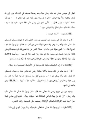 203
‫هللا‬ ‫إلى‬ ‫ار‬‫ؤ‬‫ج‬ ‫له‬ ‫أذنيه‬ ‫في‬ ‫أصبعيه‬ ‫اضعا‬‫و‬ ‫وسلم‬ ‫نبينا‬ ‫وعلى‬ ‫عليه‬ ‫هللا‬ ‫صلى‬ ‫موسى‬ ‫إلى‬ ‫أنظر‬
‫ثنية‬ ‫أي‬ " : ‫فقال‬ ‫ثنية‬ ‫على‬ ‫أتينا‬ ‫حتى‬ ‫نا‬‫ر‬‫س‬ ‫ثم‬ : ‫قال‬ " ‫ادي‬‫و‬‫ال‬ ‫بهذا‬ ً‫ا‬‫ر‬‫ما‬ ‫بالتلبية‬ ‫تعالى‬
‫صوف‬ ‫جبة‬ ‫عليه‬ ‫اء‬‫ر‬‫حم‬ ‫ناقة‬ ‫على‬ ‫يونس‬ ‫إلى‬ ‫أنظر‬ ‫كأني‬ " : ‫فقال‬ ‫هرشى‬ : ‫ا‬‫و‬‫قال‬ " ‫هذه؟‬
." ً‫ا‬‫ملبي‬ ‫ادي‬‫و‬‫ال‬ ‫بهذا‬ ً‫ا‬‫ر‬‫ما‬ ‫خلية‬ ‫ليف‬ ‫ناقته‬ ‫خطام‬
(318." ‫فات‬‫ر‬‫ع‬ ‫الحج‬ " : ‫حديث‬ )
‫صلى‬ ‫هللا‬ ‫رسول‬ ‫شهدت‬ : ‫قال‬ ‫الديلي‬ ‫يعمر‬ ‫بن‬ ‫الرحمن‬ ‫عبد‬ ‫حديث‬ ‫في‬ ‫هذا‬ ‫جاء‬ : ‫أقول‬
‫كيف‬ ‫هللا‬ ‫رسول‬ ‫يا‬ : ‫ا‬‫و‬‫فقال‬ ‫نجد‬ ‫أهل‬ ‫من‬ ‫ناس‬ ‫أتاه‬‫و‬ ‫فة‬‫ر‬‫بع‬ ‫اقف‬‫و‬ ‫وهو‬ ‫وسلم‬ ‫آله‬‫و‬ ‫عليه‬ ‫تعالى‬ ‫هللا‬
‫منى‬ ‫أيام‬‫و‬ ،‫حجه‬ ‫تم‬ ‫فقد‬ ‫جمع‬ ‫ليلة‬ ‫من‬ ‫الفجر‬ ‫صالة‬ ‫قبل‬ ‫جاء‬ ‫فمن‬ ‫فة‬‫ر‬‫ع‬ ‫الحج‬ " : ‫فقال‬ ‫الحج؟‬
‫أيا‬ ‫ثالثة‬‫أحمد‬ ‫اه‬‫و‬‫ر‬ " ‫عليه‬ ‫إثم‬ ‫فال‬ ‫تأخر‬ ‫ومن‬ ‫عليه‬ ‫إثم‬ ‫فال‬ ‫يومين‬ ‫في‬ ‫تعجل‬ ‫فمن‬ ‫م‬4/309
‫داود‬ ‫أبو‬‫و‬1949‫مذي‬‫التر‬‫و‬788‫النسائي‬‫و‬5/214‫ماجه‬ ‫ابن‬‫و‬3015.‫صحيح‬ ‫بسند‬
(319.‫فة‬‫ر‬‫ع‬ ‫يد‬‫ر‬‫ي‬ ‫الصحيحة‬ ‫األحاديث‬ ‫في‬ ‫كما‬ ‫الذنوب‬ ‫ة‬‫ر‬‫بمغف‬ ‫المتفضل‬ ‫نه‬‫ا‬‫و‬ : ‫قوله‬ )
‫التن‬‫و‬‫م‬ ‫حديث‬ ‫ذلك‬ ‫في‬ ‫جاء‬ ‫مما‬ : ‫أقول‬‫عنها‬ ‫تعالى‬ ‫هللا‬ ‫رضي‬ ‫عائشة‬ ‫ا‬‫صلى‬ ‫هللا‬ ‫رسول‬ ‫أن‬
‫من‬ ‫النار‬ ‫من‬ ً‫ا‬‫عبد‬ ‫فيه‬ ‫هللا‬ ‫يعتق‬ ‫أن‬ ‫من‬ ‫أكثر‬ ‫يوم‬ ‫من‬ ‫ما‬ " : ‫قال‬ ‫وسلم‬ ‫آله‬‫و‬ ‫عليه‬ ‫تعالى‬ ‫هللا‬
‫يوم‬‫مسلم‬ ‫اه‬‫و‬‫ر‬ " ‫الء؟‬‫ؤ‬‫ه‬ ‫اد‬‫ر‬‫أ‬ ‫ما‬ : ‫فيقول‬ ‫المالئكة‬ ‫بهم‬ ‫يباهي‬ ‫ثم‬ ‫ليدنو‬ ‫نه‬‫ا‬‫و‬ ‫فة‬‫ر‬‫ع‬9/116‫ابن‬‫و‬
.‫الحج‬ ‫في‬ ‫ماجه‬
‫و‬‫ة‬‫ر‬‫ي‬‫ر‬‫ه‬ ‫أبي‬ ‫عن‬ ‫نحوه‬‫عليه‬ ‫تعالى‬ ‫هللا‬ ‫صلى‬ ‫هللا‬ ‫رسول‬ ‫قال‬ : ‫قال‬ ‫عنه‬ ‫تعالى‬ ‫هللا‬ ‫رضي‬
ً‫ا‬‫شعث‬ ‫عبادي‬ ‫إلى‬ ‫ا‬‫و‬‫انظر‬ : ‫يقول‬ ‫فات‬‫ر‬‫ع‬ ‫بأهل‬ ‫المالئكة‬ ‫ليباهي‬ ‫وجل‬ ‫عز‬ ‫هللا‬ ‫إن‬ " : ‫وسلم‬ ‫آله‬‫و‬
‫أحمد‬ ‫اه‬‫و‬‫ر‬ " ً‫ا‬‫ر‬‫غب‬2/305‫الحاكم‬‫و‬1/465.‫الذهبي‬ ‫افقه‬‫و‬‫و‬ ‫طهما‬‫شر‬ ‫على‬ ‫وصححه‬
(320‫تع‬ ‫هللا‬ ‫صلى‬ ‫هللا‬ ‫رسول‬ ‫كان‬ : ‫قوله‬ ).‫مكة‬ ‫إلى‬ ‫الهدي‬ ‫يرسل‬ ‫وسلم‬ ‫آله‬‫و‬ ‫عليه‬ ‫الى‬
 