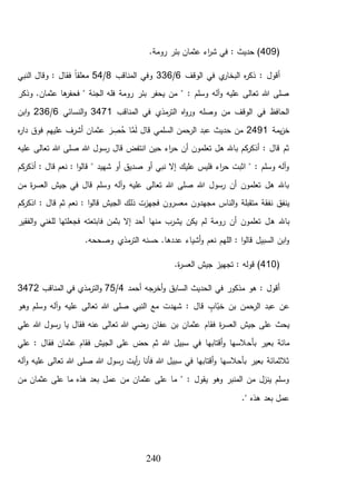 240
(409.‫رومة‬ ‫بئر‬ ‫عثمان‬ ‫اء‬‫ر‬‫ش‬ ‫في‬ : ‫حديث‬ )
‫الوقف‬ ‫في‬ ‫ي‬‫البخار‬ ‫ه‬‫ر‬‫ذك‬ : ‫أقول‬6/336‫المناقب‬ ‫وفي‬8/54‫النبي‬ ‫وقال‬ : ‫فقال‬ ً‫ا‬‫معلق‬
‫وذكر‬ .‫عثمان‬ ‫ها‬‫فحفر‬ " ‫الجنة‬ ‫فله‬ ‫رومة‬ ‫بئر‬ ‫يحفر‬ ‫من‬ " : ‫وسلم‬ ‫آله‬‫و‬ ‫عليه‬ ‫تعالى‬ ‫هللا‬ ‫صلى‬
‫المناقب‬ ‫في‬ ‫مذي‬‫التر‬ ‫اه‬‫و‬‫ور‬ ‫وصله‬ ‫من‬ ‫الوقف‬ ‫في‬ ‫الحافظ‬3471‫النسائي‬‫و‬6/236‫ابن‬‫و‬
‫يمة‬‫ز‬‫خ‬2491‫قال‬ ‫السلمي‬ ‫الرحمن‬ ‫عبد‬ ‫حديث‬ ‫من‬َ‫ل‬َّ‫م‬‫فو‬ ‫عليهم‬ ‫أشرف‬ ‫عثمان‬ َ‫ر‬ ِّ‫ص‬ُ‫ح‬ ‫ا‬‫ه‬‫ر‬‫دا‬ ‫ق‬
‫عليه‬ ‫تعالى‬ ‫هللا‬ ‫صلى‬ ‫هللا‬ ‫رسول‬ ‫قال‬ ‫انتفض‬ ‫حين‬ ‫اء‬‫ر‬‫ح‬ ‫أن‬ ‫تعلمون‬ ‫هل‬ ‫باهلل‬ ‫كم‬‫أذكر‬ : ‫قال‬ ‫ثم‬
‫كم‬‫أذكر‬ : ‫قال‬ ‫نعم‬ : ‫ا‬‫و‬‫قال‬ " ‫شهيد‬ ‫أو‬ ‫صديق‬ ‫أو‬ ‫نبي‬ ‫إال‬ ‫عليك‬ ‫فليس‬ ‫اء‬‫ر‬‫ح‬ ‫اثبت‬ " : ‫وسلم‬ ‫آله‬‫و‬
‫من‬ ‫ة‬‫ر‬‫العس‬ ‫جيش‬ ‫في‬ ‫قال‬ ‫وسلم‬ ‫آله‬‫و‬ ‫عليه‬ ‫تعالى‬ ‫هللا‬ ‫صلى‬ ‫هللا‬ ‫رسول‬ ‫أن‬ ‫تعلمون‬ ‫هل‬ ‫باهلل‬
‫الناس‬‫و‬ ‫متقبلة‬ ‫نفقة‬ ‫ينفق‬‫مجهدون‬‫كم‬‫اذكر‬ : ‫قال‬ ‫ثم‬ ‫نعم‬ : ‫ا‬‫و‬‫قال‬ ‫الجيش‬ ‫ذلك‬ ‫فجهزت‬ ‫معسرون‬
‫باهلل‬‫ه‬‫الفقير‬‫و‬ ‫للغني‬ ‫فجعلتها‬ ‫فابتعته‬ ‫بثمن‬ ‫إال‬ ‫أحد‬ ‫منها‬ ‫يشرب‬ ‫يكن‬ ‫لم‬ ‫رومة‬ ‫أن‬ ‫تعلمون‬ ‫ل‬
.‫وصححه‬ ‫مذي‬‫التر‬ ‫حسنه‬ .‫عددها‬ ‫أشياء‬‫و‬ ‫نعم‬ ‫اللهم‬ : ‫ا‬‫و‬‫قال‬ ‫السبيل‬ ‫ابن‬‫و‬
(410‫جيش‬ ‫تجهيز‬ : ‫قوله‬ ).‫ة‬‫ر‬‫العس‬
‫أحمد‬ ‫أخرجه‬‫و‬ ‫السابق‬ ‫الحديث‬ ‫في‬ ‫مذكور‬ ‫هو‬ : ‫أقول‬4/75‫م‬‫التر‬‫و‬‫المناقب‬ ‫في‬ ‫ذي‬3472
‫الرحم‬ ‫عبد‬ ‫عن‬‫وهو‬ ‫وسلم‬ ‫آله‬‫و‬ ‫عليه‬ ‫تعالى‬ ‫هللا‬ ‫صلى‬ ‫النبي‬ ‫مع‬ ‫شهدت‬ : ‫قال‬ ٍ‫اب‬‫خب‬ ‫بن‬ ‫ن‬
‫فقام‬ ‫ة‬‫ر‬‫العس‬ ‫جيش‬ ‫على‬ ‫يحث‬‫علي‬ ‫هللا‬ ‫رسول‬ ‫يا‬ ‫فقال‬ ‫عنه‬ ‫تعالى‬ ‫هللا‬ ‫رضي‬ ‫عفان‬ ‫بن‬ ‫عثمان‬
‫بأح‬ ‫بعير‬ ‫مائة‬‫علي‬ : ‫فقال‬ ‫عثمان‬ ‫فقام‬ ‫الجيش‬ ‫على‬ ‫حض‬ ‫ثم‬ ‫هللا‬ ‫سبيل‬ ‫في‬ ‫أقتابها‬‫و‬ ‫السها‬
‫آله‬‫و‬ ‫عليه‬ ‫تعالى‬ ‫هللا‬ ‫صلى‬ ‫هللا‬ ‫رسول‬ ‫أيت‬‫ر‬ ‫فأنا‬ ‫هللا‬ ‫سبيل‬ ‫في‬ ‫أقتابها‬‫و‬ ‫بأحالسها‬ ‫بعير‬ ‫ثالثمائة‬
‫من‬ ‫عثمان‬ ‫على‬ ‫ما‬ ‫هذه‬ ‫بعد‬ ‫عمل‬ ‫من‬ ‫عثمان‬ ‫على‬ ‫ما‬ " : ‫يقول‬ ‫وهو‬ ‫المنبر‬ ‫من‬ ‫ينزل‬ ‫وسلم‬
." ‫هذه‬ ‫بعد‬ ‫عمل‬
 