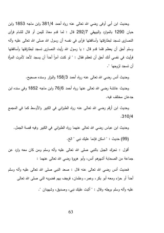 63
‫أحمد‬ ‫اه‬‫و‬‫ر‬ ‫عنه‬ ‫تعالى‬ ‫هللا‬ ‫رضي‬ ‫أوفى‬ ‫أبي‬ ‫ابن‬ ‫وحديث‬4/381‫ماجه‬ ‫ابن‬‫و‬1853‫ابن‬‫و‬
‫حبان‬1290‫البيهق‬‫و‬ ‫ارد‬‫و‬‫بالم‬‫ي‬7/292‫آى‬‫ر‬‫ف‬ ‫للشام‬ ‫قال‬ ‫أو‬ ‫لليمن‬ ‫معاذ‬ ‫قدم‬ ‫لما‬ : ‫قال‬
‫آله‬‫و‬ ‫عليه‬ ‫تعالى‬ ‫هللا‬ ‫صلى‬ ‫هللا‬ ‫رسول‬ ‫أن‬ ‫نفسه‬ ‫في‬ ‫آى‬‫ر‬‫ف‬ ‫أساقفتها‬‫و‬ ‫قتها‬‫ر‬‫لبطا‬ ‫تسجد‬ ‫ى‬‫النصار‬
‫أساقفتها‬‫و‬ ‫قتها‬‫ر‬‫لبطا‬ ‫تسجد‬ ‫ى‬‫النصار‬ ‫أيت‬‫ر‬ ‫هللا‬ ‫رسول‬ ‫يا‬ : ‫قال‬ ‫قدم‬ ‫فلما‬ ‫يعظم‬ ‫أن‬ ‫أحق‬ ‫وسلم‬
" : ‫فقال‬ ‫تعظم‬ ‫أن‬ ‫أحق‬ ‫أنك‬ ‫نفسي‬ ‫في‬ ‫أيت‬‫ر‬‫ف‬‫أة‬‫ر‬‫الم‬ ‫ألمرت‬ ‫ألحد‬ ‫يسجد‬ ‫أن‬ ً‫ا‬‫أحد‬ ً‫ا‬‫ر‬‫آم‬ ‫كنت‬ ‫لو‬
." ‫لزوجها‬ ‫تسجد‬ ‫أن‬
‫أحمد‬ ‫اه‬‫و‬‫ر‬ ‫عنه‬ ‫تعالى‬ ‫هللا‬ ‫رضي‬ ‫أنس‬ ‫وحديث‬3/158.‫صحيح‬ ‫وسنده‬ ‫ار‬‫ز‬‫الب‬‫و‬
‫أحمد‬ ‫اه‬‫و‬‫ر‬ ‫عنها‬ ‫تعالى‬ ‫هللا‬ ‫رضي‬ ‫عائشة‬ ‫وحديث‬6/76‫ماجه‬ ‫ابن‬‫و‬1852‫ابن‬ ‫سنده‬ ‫وفي‬
.‫فيه‬ ‫مختلف‬ ‫جدعان‬
‫تع‬ ‫هللا‬ ‫رضي‬ ‫قم‬‫ر‬‫أ‬ ‫ابن‬ ‫وحديث‬‫عنه‬ ‫الى‬‫المجمع‬ ‫في‬ ‫كما‬ ‫األوسط‬‫و‬ ‫الكبير‬ ‫في‬ ‫اني‬‫ر‬‫الطب‬ ‫اه‬‫و‬‫ر‬
4/310.
.‫الجمل‬ ‫قصة‬ ‫وفيه‬ ‫الكبير‬ ‫في‬ ‫اني‬‫ر‬‫الطب‬ ‫اه‬‫و‬‫ر‬ ‫عنهما‬ ‫تعالى‬ ‫هللا‬ ‫رضي‬ ‫عباس‬ ‫ابن‬ ‫وحديث‬
(99.‫الخ‬ " ‫نبي‬ ‫عليك‬ ‫فإنما‬ ‫اسكن‬ " : ‫حديث‬ )
‫ا‬‫و‬ ‫معه‬ ‫كان‬ ‫ومن‬ ‫وسلم‬ ‫آله‬‫و‬ ‫عليه‬ ‫تعالى‬ ‫هللا‬ ‫صلى‬ ‫بالنبي‬ ‫الجبل‬ ‫تحرك‬ : ‫أقول‬‫عن‬ ‫رد‬
: ‫عنهما‬ ‫تعالى‬ ‫هللا‬ ‫رضي‬ ‫ة‬‫ر‬‫ي‬‫ر‬‫ه‬ ‫أبو‬‫و‬ ،‫أنس‬ ‫هم‬‫أشهر‬ ‫الصحابة‬ ‫من‬ ‫جماعة‬
‫وسلم‬ ‫آله‬‫و‬ ‫عليه‬ ‫تعالى‬ ‫هللا‬ ‫صلى‬ ‫النبي‬ ‫صعد‬ : ‫قال‬ ‫عنه‬ ‫تعالى‬ ‫هللا‬ ‫رضي‬ ‫أنس‬ ‫فحديث‬
‫تعالى‬ ‫هللا‬ ‫صلى‬ ‫الني‬ ‫به‬‫ر‬‫فض‬ ‫بهم‬ ‫فرجف‬ ،‫وعثمان‬ ،‫وعمر‬ ،‫بكر‬ ‫أبو‬ ‫ومعه‬ ‫اء‬‫ر‬‫ح‬ ‫أو‬ ً‫ا‬‫أحد‬
‫أ‬ " : ‫وقال‬ ‫برجله‬ ‫وسلم‬ ‫آله‬‫و‬ ‫عليه‬." ‫وشهيدان‬ ،‫وصديق‬ ،‫نبي‬ ‫عليك‬ ‫ثبت‬
 