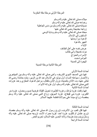[74]
‫المكرمة‬ ‫مكة‬ ‫مرحلة‬ ‫األولى‬ ‫المرحلة‬
‫وسلم‬ ‫وآله‬ ‫عليه‬ ‫تعالى‬ ‫هللا‬ ‫صلى‬ ‫ميالده‬
‫وسلم‬ ‫وآله‬ ‫عليه‬ ‫تعالى‬ ‫هللا‬ ‫صلى‬ ‫رضاعه‬
‫الجاهلية‬ ‫دنس‬ ‫من‬ ‫وسلم‬ ‫وآله‬ ‫عليه‬ ‫تعالى‬ ‫هللا‬ ‫صلى‬ ‫صيانته‬
‫عنها‬ ‫تعالى‬ ‫هللا‬ ‫رضي‬ ‫بخديجة‬ ‫زواجه‬
‫الوحي‬ ‫وبداية‬ ‫وسلم‬ ‫وآله‬ ‫عليه‬ ‫تعالى‬ ‫هللا‬ ‫صلى‬ ‫مبعثه‬
‫اإلسالم‬ ‫إلى‬ ‫السابقون‬
‫ومدتها‬ ً‫ا‬‫سر‬ ‫الدعوة‬
‫بالدعوة‬ ‫الجهر‬
‫اإليذاء‬
‫الطائف‬ ‫أهل‬ ‫على‬ ‫نفسه‬ ‫عرض‬
‫طالب‬ ‫وأبي‬ ‫خديجة‬ ‫موت‬
‫والمعراج‬ ‫اإلسراء‬
‫ضده‬ ‫المؤامرة‬
‫المدينة‬ ‫إلى‬ ‫الهجرة‬
‫مرحلة‬ ‫الثانية‬ ‫المرحلة‬‫المدينة‬
‫األولى‬ ‫السنة‬ ‫أحداث‬
‫المهاجرين‬ ‫بين‬ ‫وسلم‬ ‫وآله‬ ‫عليه‬ ‫تعالى‬ ‫هللا‬ ‫صلى‬ ‫وآخى‬ ،‫الشريف‬ ‫النبوي‬ ‫المسجد‬ ‫بني‬ ‫فيها‬
‫هللا‬ ‫رضي‬ ‫بعائشة‬ ‫بناؤه‬ ،‫الزبير‬ ‫بن‬ ‫هللا‬ ‫عبد‬ ‫اإلسالم‬ ‫في‬ ‫مولود‬ ‫أول‬ ،‫النساء‬ ‫مبياعته‬ ،‫واألنصار‬
،‫بالقتال‬ ‫اإلذن‬ ‫نزول‬ ،‫بالمدينة‬ ‫اآلذان‬ ‫بدء‬ ،‫عنها‬ ‫تعالى‬‫غزوات‬ ‫وعدد‬ ‫المغازي‬ ،‫الدعوة‬ ‫مراحل‬
.‫األبواء‬ ‫غزواته‬ ‫أول‬ ،‫وسلم‬ ‫وآله‬ ‫عليه‬ ‫تعالى‬ ‫هللا‬ ‫صلى‬ ‫النبي‬
‫الثانية‬ ‫السنة‬ ‫أحداث‬
‫بدر‬ ‫غزوة‬ ،‫رمضان‬ ‫صوم‬ ‫فرضية‬ ،‫القبلة‬ ‫تحويل‬ ،‫َيرة‬‫ش‬ُ‫ع‬‫ال‬ ‫وغزوة‬ ،‫واط‬ُ‫ب‬ ‫غزوة‬ ‫وقعت‬ ‫فيها‬
‫تعالى‬ ‫هللا‬ ‫صلى‬ ‫النبي‬ ‫زواج‬ ،‫السويق‬ ‫غزوة‬ ،‫قينقاع‬ ‫بني‬ ‫غزوة‬ ،‫الكبرى‬‫وسلم‬ ‫وآله‬ ‫عليه‬
.‫السالم‬ ‫عليهما‬ ‫فاطمة‬ ‫بموالتنا‬ ‫علي‬ ‫سيدنا‬ ‫زواج‬ ،‫بحفصة‬
‫الثالثة‬ ‫السنة‬ ‫أحداث‬
،‫حفصة‬ ‫وسلم‬ ‫وآله‬ ‫عليه‬ ‫تعالى‬ ‫هللا‬ ‫صلى‬ ‫هللا‬ ‫رسول‬ ‫تزوج‬ ،‫األشرف‬ ‫بن‬ ‫كعب‬ ‫قتل‬ ‫فيها‬
‫وآله‬ ‫عليه‬ ‫تعالى‬ ‫هللا‬ ‫صلى‬ ‫تزوجه‬ ،‫األسد‬ ‫حمراء‬ ‫غزوة‬ ،‫أحد‬ ‫غزوة‬ ،‫كلثوم‬ ‫أم‬ ‫عثمان‬ ‫تزوج‬
.‫الخمر‬ ‫تحريم‬ ،‫السالم‬ ‫عليه‬ ‫الحسن‬ ‫والدة‬ ،‫خزيمة‬ ‫بنت‬ ‫بزينب‬ ‫وسلم‬
‫الرابعة‬ ‫السنة‬ ‫أحداث‬
 