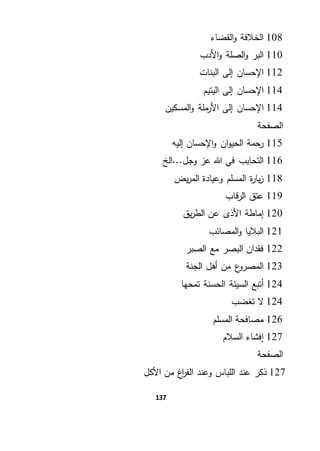 137
108‫القضاء‬‫و‬ ‫الخالفة‬
110‫البر‬‫األدب‬‫و‬ ‫الصلة‬‫و‬
112‫البنات‬ ‫إلى‬ ‫اإلحسان‬
114‫اليتيم‬ ‫إلى‬ ‫اإلحسان‬
114‫المسكين‬‫و‬ ‫ملة‬‫األر‬ ‫إلى‬ ‫اإلحسان‬
‫الصفحة‬
115‫إليه‬ ‫اإلحسان‬‫و‬ ‫ان‬‫و‬‫الحي‬ ‫رحمة‬
116‫وجل...الخ‬ ‫عز‬ ‫هللا‬ ‫في‬ ‫التحابب‬
118‫يض‬‫ر‬‫الم‬ ‫وعيادة‬ ‫المسلم‬ ‫ة‬‫ر‬‫يا‬‫ز‬
119‫قاب‬‫ر‬‫ال‬ ‫عتق‬
120‫يق‬‫ر‬‫الط‬ ‫عن‬ ‫األذى‬ ‫إماطة‬
121‫المصائب‬‫و‬ ‫الباليا‬
122‫الصبر‬ ‫مع‬ ‫البصر‬ ‫فقدان‬
123‫الجنة‬ ‫أهل‬ ‫من‬ ‫ع‬‫المصرو‬
124‫تمحها‬ ‫الحسنة‬ ‫السيئة‬ ‫أتبع‬
124‫تغضب‬ ‫ال‬
126‫المسلم‬ ‫مصافحة‬
127‫السالم‬ ‫إفشاء‬
‫الصفحة‬
127‫األكل‬ ‫من‬ ‫اغ‬‫ر‬‫الف‬ ‫وعند‬ ‫اللباس‬ ‫عند‬ ‫ذكر‬
 