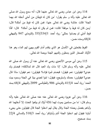 82
114‫و‬‫عن‬‫ا‬‫عباس‬ ‫بن‬‫قال‬ ‫عنهما‬ ‫تعالى‬ ‫هللا‬ ‫رضي‬"‫أن‬‫ه‬‫هللا‬ ‫رسول‬ ‫سمع‬‫صلى‬
‫هللا‬‫تعالى‬‫و‬ ‫عليه‬‫و‬ ‫آله‬‫سلم‬‫ي‬‫ق‬‫و‬‫ل‬"‫أمتي‬ ‫من‬ ‫طان‬‫فر‬ ‫له‬ ‫كان‬ ‫من‬‫أ‬‫دخل‬‫هللا‬ ‫ه‬‫بهما‬
‫الجنة‬‫قالت‬‫عنها‬ ‫تعالى‬ ‫هللا‬ ‫رضي‬ ‫عائشة‬"‫ط‬‫فر‬ ‫له‬ ‫كان‬ ‫فمن‬‫أمتك؟‬ ‫من‬‫قال‬"
‫ل‬ ‫كان‬ ‫ومن‬‫موفقة‬ ‫يا‬ ‫ط‬‫فر‬ ‫ه‬‫قالت‬"‫أمتك‬ ‫من‬ ‫ط‬‫فر‬ ‫له‬ ‫يكن‬ ‫لم‬ ‫فمن‬‫؟‬‫قال‬"‫فأنا‬
‫بمثلي‬ ‫ا‬‫و‬‫يصاب‬ ‫لم‬ ‫أمتي‬ ‫ط‬‫فر‬‫أحمد‬ ‫اه‬‫و‬‫ر‬1/334/335‫مذي‬‫التر‬‫و‬947‫البيهقي‬‫و‬
4/68.‫حسن‬ ‫وسنده‬
‫هنا‬ ‫وهو‬ ‫الماء‬ ‫لهم‬ ‫يهيئ‬ ‫القوم‬ ‫أمام‬ ‫يتقدم‬ ‫الذي‬ ‫هو‬ ‫األصل‬ ‫في‬ ‫بفتحتين‬ ‫ط‬‫الفر‬
.‫تعالى‬ ‫هللا‬ ‫برحمة‬ ‫الجنة‬ ‫الديهم‬‫و‬ ‫يدخلون‬ ‫الذين‬ ‫الصغار‬ ‫الد‬‫و‬‫األ‬
115‫و‬‫ي‬‫األشعر‬ ‫موسى‬ ‫أبي‬ ‫عن‬‫عنه‬ ‫تعالى‬ ‫هللا‬ ‫رضي‬‫هللا‬ ‫صلى‬ ‫هللا‬ ‫رسول‬ ‫أن‬
‫تعالى‬‫و‬ ‫عليه‬‫و‬ ‫آله‬‫إذا‬ "‫قال‬ ‫سلم‬‫هللا‬ ‫قال‬ ‫العبد‬ ‫ولد‬ ‫مات‬‫لمالئكته‬"‫ولد‬ ‫قبضتم‬
‫فيقولون‬ ‫عبدي؟‬"‫فيقول‬ ‫نعم‬"‫اده‬‫ؤ‬‫ف‬ ‫ة‬‫ر‬‫ثم‬ ‫قبضتم‬‫؟‬‫قال‬ ‫ماذا‬ "‫فيقول‬ ‫نعم‬ "‫فيقولون‬
‫عبدي؟‬‫فيقولون‬"‫فيقول‬ ،‫استرجع‬‫و‬ ‫حمدك‬‫بيت‬ ‫وسموه‬ ‫الجنة‬ ‫في‬ ‫بيتا‬ ‫لعبدي‬ ‫ا‬‫و‬‫ابن‬ "
‫الحمد‬‫أحمد‬ ‫اه‬‫و‬‫ر‬4/415‫الترمذي‬‫و‬906‫الطيالسي‬‫و‬2099‫البيهقي‬‫و‬4/68‫بسند‬
.‫حسن‬
116‫و‬‫أبي‬ ‫عن‬‫ة‬‫ر‬‫ي‬‫ر‬‫ه‬‫عنه‬ ‫عنه‬ ‫تعالى‬ ‫هللا‬ ‫رضي‬‫هللا‬ ‫صلى‬‫تعالى‬‫و‬ ‫عليه‬‫آله‬
‫و‬‫سلم‬"‫قال‬‫هللا‬ ‫أدخلهما‬ ‫إال‬ ‫الحنث‬ ‫ا‬‫و‬‫يبلغ‬ ‫لم‬ ‫الد‬‫و‬‫أ‬ ‫ثالثة‬ ‫لهما‬ ‫يموت‬ ‫مسلمين‬ ‫من‬ ‫ما‬
‫ا‬‫و‬‫ادخل‬ ‫لهم‬ ‫يقال‬ ‫وقال‬ ‫الجنة‬ ‫رحمته‬ ‫بفضل‬ ‫أباهم‬‫و‬‫يجيء‬ ‫حتى‬ ‫فيقولون‬ ‫قال‬ ‫الجنة‬
‫آباؤ‬‫نا‬‫فيق‬‫و‬‫و‬ ‫أنتم‬ ‫الجنة‬ ‫ا‬‫و‬‫ادخل‬ ‫لهم‬ ‫ل‬‫آباؤ‬‫كم‬‫أ‬ ‫اه‬‫و‬‫ر‬‫حمد‬3/510‫النسائي‬‫و‬4/22
.‫صحيح‬ ‫بسند‬
 