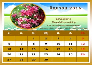 จ. อ. พ. พฤ. ศ. ส. อา.
1 2 3 4 5
6 7 8 9 10 11 12
13 14 15 16 17 18 19
20 21 22 23 24 25 26
27 28 29 30
มิถุนายน 2016
ดอกเล็บมือนาง
เป็ นดอกไม้ประจาราศีมิถุน
ภาพ : http://topicstock.pantip.com/home/
topicstock/2011/12/R11517489/R11517489-vote0.jpg
 
