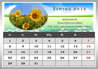 จ. อ. พ. พฤ. ศ. ส. อา.
1 2 3 4 5 6 7
8 9 10 11 12 13 14
15 16 17 18 19 20 21
22 23 24 25 26 27 28
29 30 31
สิงหาคม 2016
ดอกทานตะวัน
เป็ นดอกไม้ประจาราศีสิงห์
ภาพ : http://pic.narin.in.th/datafiles/gallery/
large/gallery_25122012_70c097f.jpg
 