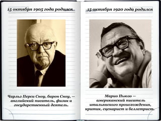 15 октября 1905 года родился
Чарльз Перси Сноу, барон Сноу, —
английский писатель, физик и
государственный деятель.
15 октября 1920 года родился
Марио Пьюзо —
американский писатель
итальянского происхождения,
критик, сценарист и беллетрист.
 