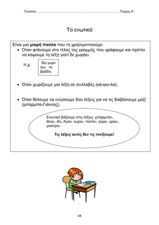 Γλώσσα…………………………………………………………………….Τεύχος Α΄
48
Το ενωτικό
Είναι μια μικρή παύλα που τη χρησιμοποιούμε:
 Όταν φτάνουμε στο τέλος της γραμμής που γράφουμε και πρέπει
να κόψουμε τη λέξη γιατί δε χωράει.
π.χ.
 Όταν χωρίζουμε μια λέξη σε συλλαβές (κά-γκε-λα).
 Όταν θέλουμε να ενώσουμε δύο λέξεις για να τις διαβάσουμε μαζί
(μπαρμπα-Γιάννης).
Θα γυρί-
σω το
βράδυ.
Ενωτικό βάζουμε στις λέξεις: μπαρμπα-,
θεια-, Αϊ-, Αγια-, κυρα-, παπα-, γερο-, γρια-,
μαστρο- .
Τις λέξεις αυτές δεν τις τονίζουμε!
Τις λέξεις αυτές δεν τις τονίζουμε.
 