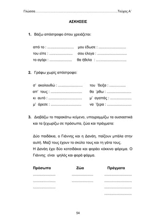 Γλώσσα…………………………………………………………………….Τεύχος Α΄
54
ΑΣΚΗΣΕΙΣ
1. Βάζω απόστροφο όπου χρειάζεται:
από το : .......................... μου έδωσε : ...........................
του είπε : ....................... σου έλεγα : .............................
το αγόρι : ...................... θα ήθελα : ..............................
2. Γράφω χωρίς απόστροφο:
σ’ ακολουθώ : ........................ του ’δειξα : ................
απ’ τους : ............................... θα ’ρθω : ........................
κι αυτό : ................................. μ’ αγαπάς : .....................
μ’ άρεσε : .............................. να ’ξερα : ........................
3. Διαβάζω το παρακάτω κείμενο, υπογραμμίζω τα ουσιαστικά
και τα ξεχωρίζω σε πρόσωπα, ζώα και πράγματα:
Δύο παιδάκια, ο Γιάννης και η Δανάη, παίζουν μπάλα στην
αυλή. Μαζί τους έχουν το σκύλο τους και τη γάτα τους.
Η Δανάη έχει δύο κοτσιδάκια και φοράει κόκκινο φόρεμα. Ο
Γιάννης είναι ψηλός και φορά φόρμα.
Πρόσωπα Ζώα Πράγματα
...................... ..................... ...........................
...................... ..................... ...........................
...................... ...........................
...........................
 
