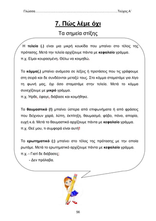 Γλώσσα…………………………………………………………………….Τεύχος Α΄
56
7. Πώς λέμε όχι
Τα σημεία στίξης
Η τελεία (.) είναι μια μικρή κουκίδα που μπαίνει στο τέλος της
πρότασης. Μετά την τελεία αρχίζουμε πάντα με κεφαλαίο γράμμα.
π.χ. Είμαι κουρασμένη. Θέλω να κοιμηθώ.
Το κόμμα(,) μπαίνει ανάμεσα σε λέξεις ή προτάσεις που τις γράφουμε
στη σειρά και δε συνδέονται μεταξύ τους. Στο κόμμα σταματάμε για λίγο
τη φωνή μας, όχι όσο σταματάμε στην τελεία. Μετά το κόμμα
συνεχίζουμε με μικρό γράμμα.
π.χ. Ήρθε, έφαγε, διάβασε και κοιμήθηκε.
Το θαυμαστικό (!) μπαίνει ύστερα από επιφωνήματα ή από φράσεις
που δείχνουν χαρά, λύπη, έκπληξη, θαυμασμό, φόβο, πόνο, απορία,
ευχή κ.ά. Μετά το θαυμαστικό αρχίζουμε πάντα με κεφαλαίο γράμμα.
π.χ. Θεέ μου, τι συμφορά είναι αυτή!
Το ερωτηματικό (;) μπαίνει στο τέλος της πρότασης με την οποία
ρωτάμε. Μετά το ερωτηματικό αρχίζουμε πάντα με κεφαλαίο γράμμα.
π.χ. - Γιατί δε διάβασες;
- Δεν πρόλαβα.
 