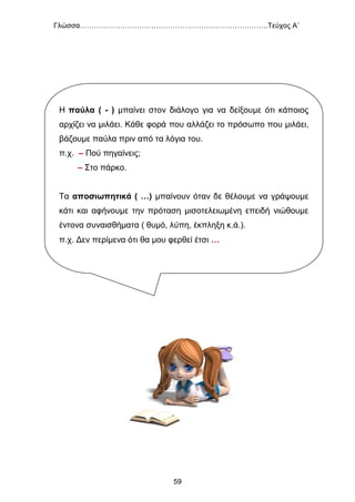 Γλώσσα…………………………………………………………………….Τεύχος Α΄
59
Η παύλα ( - ) μπαίνει στον διάλογο για να δείξουμε ότι κάποιος
αρχίζει να μιλάει. Κάθε φορά που αλλάζει το πρόσωπο που μιλάει,
βάζουμε παύλα πριν από τα λόγια του.
π.χ. – Πού πηγαίνεις;
– Στο πάρκο.
Τα αποσιωπητικά ( …) μπαίνουν όταν δε θέλουμε να γράψουμε
κάτι και αφήνουμε την πρόταση μισοτελειωμένη επειδή νιώθουμε
έντονα συναισθήματα ( θυμό, λύπη, έκπληξη κ.ά.).
π.χ. Δεν περίμενα ότι θα μου φερθεί έτσι …
 