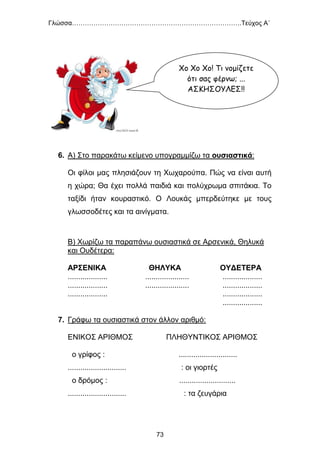 Γλώσσα…………………………………………………………………….Τεύχος Α΄
73
6. Α) Στο παρακάτω κείμενο υπογραμμίζω τα ουσιαστικά:
Οι φίλοι μας πλησιάζουν τη Χωχαρούπα. Πώς να είναι αυτή
η χώρα; Θα έχει πολλά παιδιά και πολύχρωμα σπιτάκια. Το
ταξίδι ήταν κουραστικό. Ο Λουκάς μπερδεύτηκε με τους
γλωσσοδέτες και τα αινίγματα.
Β) Χωρίζω τα παραπάνω ουσιαστικά σε Αρσενικά, Θηλυκά
και Ουδέτερα:
ΑΡΣΕΝΙΚΑ ΘΗΛΥΚΑ ΟΥΔΕΤΕΡΑ
................... ..................... ...................
................... ..................... ...................
................... ...................
...................
7. Γράφω τα ουσιαστικά στον άλλον αριθμό:
ΕΝΙΚΟΣ ΑΡΙΘΜΟΣ ΠΛΗΘΥΝΤΙΚΟΣ ΑΡΙΘΜΟΣ
ο γρίφος : ............................
............................ : οι γιορτές
ο δρόμος : ...........................
............................ : τα ζευγάρια
Χο Χο Χο! Τι νομίζετε
ότι σας φέρνω; ...
ΑΣΚΗΣΟΥΛΕΣ!!
 