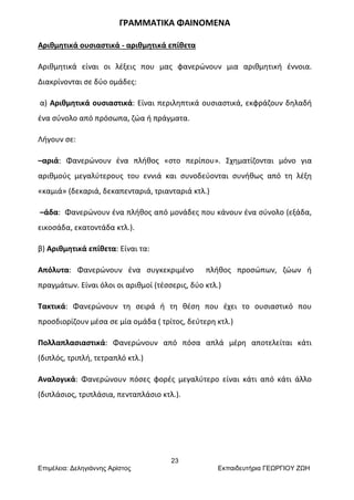 23
Επιμέλεια: Δεληγιάννης Αρίστος Εκπαιδευτήρια ΓΕΩΡΓΙΟΥ ΖΩΗ
ΓΡΑΜΜΑΤΙΚΑ ΦΑΙΝΟΜΕΝΑ
Αριθμητικά ουσιαστικά - αριθμητικά επίθετα
Αριθμητικά είναι οι λέξεις που μας φανερώνουν μια αριθμητική έννοια.
Διακρίνονται σε δύο ομάδες:
α) Αριθμητικά ουσιαστικά: Είναι περιληπτικά ουσιαστικά, εκφράζουν δηλαδή
ένα σύνολο από πρόσωπα, ζώα ή πράγματα.
Λήγουν σε:
–αριά: Φανερώνουν ένα πλήθος «στο περίπου». Σχηματίζονται μόνο για
αριθμούς μεγαλύτερους του εννιά και συνοδεύονται συνήθως από τη λέξη
«καμιά» (δεκαριά, δεκαπενταριά, τριανταριά κτλ.)
–άδα: Φανερώνουν ένα πλήθος από μονάδες που κάνουν ένα σύνολο (εξάδα,
εικοσάδα, εκατοντάδα κτλ.).
β) Αριθμητικά επίθετα: Είναι τα:
Απόλυτα: Φανερώνουν ένα συγκεκριμένο πλήθος προσώπων, ζώων ή
πραγμάτων. Είναι όλοι οι αριθμοί (τέσσερις, δύο κτλ.)
Τακτικά: Φανερώνουν τη σειρά ή τη θέση που έχει το ουσιαστικό που
προσδιορίζουν μέσα σε μία ομάδα ( τρίτος, δεύτερη κτλ.)
Πολλαπλασιαστικά: Φανερώνουν από πόσα απλά μέρη αποτελείται κάτι
(διπλός, τριπλή, τετραπλό κτλ.)
Αναλογικά: Φανερώνουν πόσες φορές μεγαλύτερο είναι κάτι από κάτι άλλο
(διπλάσιος, τριπλάσια, πενταπλάσιο κτλ.).
 