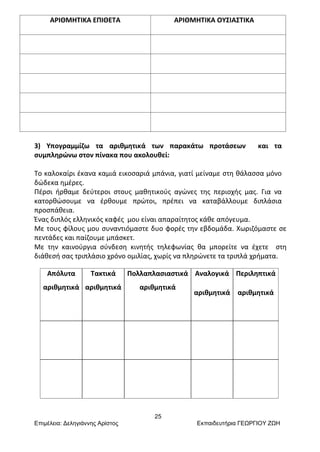 25
Επιμέλεια: Δεληγιάννης Αρίστος Εκπαιδευτήρια ΓΕΩΡΓΙΟΥ ΖΩΗ
ΑΡΙΘΜΗΤΙΚΑ ΕΠΙΘΕΤΑ ΑΡΙΘΜΗΤΙΚΑ ΟΥΣΙΑΣΤΙΚΑ
3) Υπογραμμίζω τα αριθμητικά των παρακάτω προτάσεων και τα
συμπληρώνω στον πίνακα που ακολουθεί:
Το καλοκαίρι έκανα καμιά εικοσαριά μπάνια, γιατί μείναμε στη θάλασσα μόνο
δώδεκα ημέρες.
Πέρσι ήρθαμε δεύτεροι στους μαθητικούς αγώνες της περιοχής μας. Για να
κατορθώσουμε να έρθουμε πρώτοι, πρέπει να καταβάλλουμε διπλάσια
προσπάθεια.
Ένας διπλός ελληνικός καφές μου είναι απαραίτητος κάθε απόγευμα.
Με τους φίλους μου συναντιόμαστε δυο φορές την εβδομάδα. Χωριζόμαστε σε
πεντάδες και παίζουμε μπάσκετ.
Με την καινούργια σύνδεση κινητής τηλεφωνίας θα μπορείτε να έχετε στη
διάθεσή σας τριπλάσιο χρόνο ομιλίας, χωρίς να πληρώνετε τα τριπλά χρήματα.
Απόλυτα
αριθμητικά
Τακτικά
αριθμητικά
Πολλαπλασιαστικά
αριθμητικά
Αναλογικά
αριθμητικά
Περιληπτικά
αριθμητικά
 