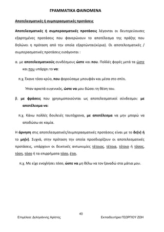 40
Επιμέλεια: Δεληγιάννης Αρίστος Εκπαιδευτήρια ΓΕΩΡΓΙΟΥ ΖΩΗ
ΓΡΑΜΜΑΤΙΚΑ ΦΑΙΝΟΜΕΝΑ
Αποτελεσματικές ή συμπερασματικές προτάσεις
Αποτελεσματικές ή συμπερασματικές προτάσεις λέγονται οι δευτερεύουσες
εξαρτημένες προτάσεις που φανερώνουν το αποτέλεσμα της πράξης που
δηλώνει η πρόταση από την οποία εξαρτώνται(κύρια). Οι αποτελεσματικές /
συμπερασματικές προτάσεις εισάγονται :
α. με αποτελεσματικούς συνδέσμους ώστε και που. Πολλές φορές μετά τα ώστε
και που υπάρχει το να:
π.χ. Έκανε τόσο κρύο, που φορούσαμε μπουφάν και μέσα στο σπίτι.
Ήταν αρκετά ευγενικός, ώστε να μου δώσει τη θέση του.
β. με φράσεις που χρησιμοποιούνται ως αποτελεσματικοί σύνδεσμοι: με
αποτέλεσμα να:
π.χ. Κάνω πολλές δουλειές ταυτόχρονα, με αποτέλεσμα να μην μπορώ να
αποδώσω σε καμία.
Η άρνηση στις αποτελεσματικές/συμπερασματικές προτάσεις είναι με το δε(ν) ή
το μη(ν). Συχνά, στην πρόταση την οποία προσδιορίζουν οι αποτελεσματικές
προτάσεις, υπάρχουν οι δεικτικές αντωνυμίες τέτοιος, τέτοια, τέτοιο ή τόσος,
τόση, τόσο ή τα επιρρήματα τόσο, έτσι.
π.χ. Με είχε ενοχλήσει τόσο, ώστε να μη θέλω να τον ξαναδώ στα μάτια μου.
 