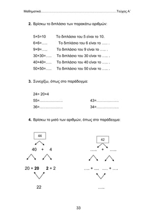 Μαθηματικά………………………………………………………………Τεύχος Α΄
33
2. Βρίσκω το διπλάσιο των παρακάτω αριθμών:
5+5=10 Το διπλάσιο του 5 είναι το 10.
6+6=….. Το διπλάσιο του 6 είναι το ….. .
9+9=….. Το διπλάσιο του 9 είναι το ….. .
30+30=….. Το διπλάσιο του 30 είναι το ….. .
40+40=….. Το διπλάσιο του 40 είναι το ….. .
50+50=….. Το διπλάσιο του 50 είναι το ….. .
3. Συνεχίζω, όπως στο παράδειγμα:
24= 20+4
55=………………. 43=………………
36=………………. 34=………………
4. Βρίσκω το μισό των αριθμών, όπως στο παράδειγμα:
40 + 4 ….. + …..
20 + 20 2 + 2 …. + .... .… + ….
22 …..
44
42
 