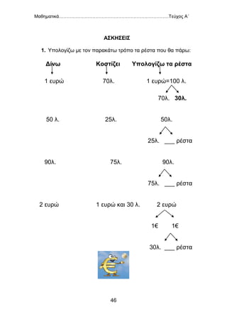 Μαθηματικά………………………………………………………………Τεύχος Α΄
46
ΑΣΚΗΣΕΙΣ
1. Υπολογίζω με τον παρακάτω τρόπο τα ρέστα που θα πάρω:
Δίνω Κοστίζει Υπολογίζω τα ρέστα
1 ευρώ 70λ. 1 ευρώ=100 λ.
70λ. 30λ.
50 λ. 25λ. 50λ.
25λ. ___ ρέστα
90λ. 75λ. 90λ.
75λ. ___ ρέστα
2 ευρώ 1 ευρώ και 30 λ. 2 ευρώ
1€ 1€
30λ. ___ ρέστα
 