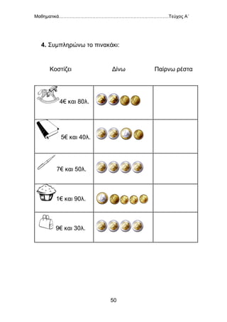 Μαθηματικά………………………………………………………………Τεύχος Α΄
50
4. Συμπληρώνω το πινακάκι:
Κοστίζει Δίνω Παίρνω ρέστα
4€ και 80λ.
5€ και 40λ.
7€ και 50λ.
1€ και 90λ.
9€ και 30λ.
 
