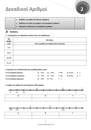Δεκαδικοί Αριθμοί 2
Ασκήσεις
1. Συμπληρώνω τον παρακάτω πίνακα, όπως στο παράδειγμα.
Με
ψηφία
Με λέξεις
5,42 πέντε μονάδες και σαράντα δύο εκατοστά
3,40
16,05
30,008
45,375
2. Σημειώνω την υποδιαστολή στην κατάλληλη θέση, ώστε:
Το 3 να δηλώνει δέκατα :
Το 5 να δηλώνει εκατοστά :
Το 2 να δηλώνει χιλιοστά :
Α. 6534
Α. 7654
Α. 5432
Β. 1039
Β. 1235
Β. 432
Γ. 983
Γ. 765
Γ. 2
Δ. 76543
Δ. 98765
Ε. 3
Ε. 5
3. Γράφω τον αριθμό που αντιστοιχεί σε κάθε γράμμα.
Α Β Γ
Α Β Γ
• Διαβάζω και γράφω δεκαδικούς αριθμούς.
• Μαθαίνω την αξία των ψηφίων ενός δεκαδικού αριθμού.
• Κατανοώ τις ιδιότητες των δεκαδικών αριθμών.
3
 