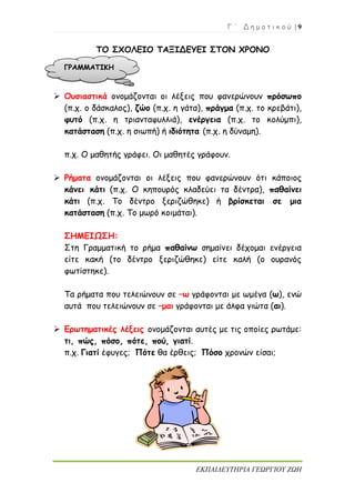 Γ ΄ Δ η μ ο τ ι κ ο ύ | 9
ΕΚΠΑΙΔΕΥΤΗΡΙΑ ΓΕΩΡΓΙΟΥ ΖΩΗ
ΤΟ ΣΧΟΛΕΙΟ ΤΑΞΙΔΕΥΕΙ ΣΤΟΝ ΧΡΟΝΟ
 Ουσιαστικά ονομάζονται οι λέξεις που φανερώνουν πρόσωπο
(π.χ. ο δάσκαλος), ζώο (π.χ. η γάτα), πράγμα (π.χ. το κρεβάτι),
φυτό (π.χ. η τριανταφυλλιά), ενέργεια (π.χ. το κολύμπι),
κατάσταση (π.χ. η σιωπή) ή ιδιότητα (π.χ. η δύναμη).
π.χ. Ο μαθητής γράφει. Οι μαθητές γράφουν.
 Ρήματα ονομάζονται οι λέξεις που φανερώνουν ότι κάποιος
κάνει κάτι (π.χ. Ο κηπουρός κλαδεύει τα δέντρα), παθαίνει
κάτι (π.χ. Το δέντρο ξεριζώθηκε) ή βρίσκεται σε μια
κατάσταση (π.χ. Το μωρό κοιμάται).
ΣΗΜΕΙΩΣΗ:
Στη Γραμματική το ρήμα παθαίνω σημαίνει δέχομαι ενέργεια
είτε κακή (το δέντρο ξεριζώθηκε) είτε καλή (ο ουρανός
φωτίστηκε).
Τα ρήματα που τελειώνουν σε –ω γράφονται με ωμέγα (ω), ενώ
αυτά που τελειώνουν σε –μαι γράφονται με άλφα γιώτα (αι).
 Ερωτηματικές λέξεις ονομάζονται αυτές με τις οποίες ρωτάμε:
τι, πώς, πόσο, πότε, πού, γιατί.
π.χ. Γιατί έφυγες; Πότε θα έρθεις; Πόσο χρονών είσαι;
ΓΡΑΜΜΑΤΙΚΗ
 