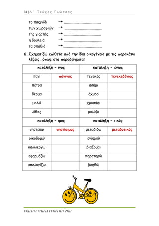 36 | Α ΄ Τ ε ύ χ ο ς Γ λ ώ σ σ α ς
ΕΚΠΑΙΔΕΥΤΗΡΙΑ ΓΕΩΡΓΙΟΥ ΖΩΗ
το παιχνίδι ........................................
των χωραφιών ........................................
της γιορτής ........................................
η δουλειά .........................................
τα σπαθιά ..........................................
6. Σχηματίζω επίθετα από την ίδια οικογένεια με τις παρακάτω
λέξεις, όπως στα παραδείγματα:
κατάληξη – ινος κατάληξη - ένιος
πανί πάνινος τενεκές τενεκεδένιος
πέτρα ασήμι
δέρμα άχυρο
μαλλί χρυσάφι
λίθος μολύβι
κατάληξη – ιμος κατάληξη – τικός
νηστεύω νηστίσιμος μεταδίδω μεταδοτικός
οικοδομώ ενοχλώ
καλλιεργώ βιάζομαι
εφαρμόζω παρατηρώ
υπολογίζω βοηθώ
 