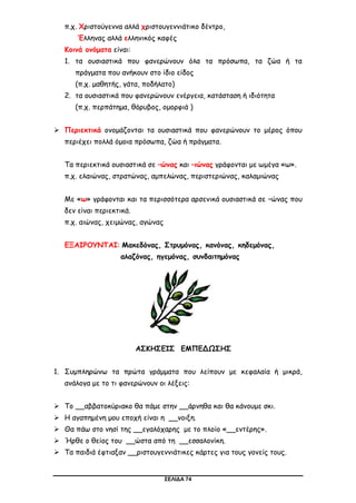 ΣΕΛΙΔΑ 74
π.χ. Χριστούγεννα αλλά χριστουγεννιάτικο δέντρο,
Έλληνας αλλά ελληνικός καφές
Κοινά ονόματα είναι:
1. τα ουσιαστικά που φανερώνουν όλα τα πρόσωπα, τα ζώα ή τα
πράγματα που ανήκουν στο ίδιο είδος
(π.χ. μαθητής, γάτα, ποδήλατο)
2. τα ουσιαστικά που φανερώνουν ενέργεια, κατάσταση ή ιδιότητα
(π.χ. περπάτημα, θόρυβος, ομορφιά )
 Περιεκτικά ονομάζονται τα ουσιαστικά που φανερώνουν το μέρος όπου
περιέχει πολλά όμοια πρόσωπα, ζώα ή πράγματα.
Τα περιεκτικά ουσιαστικά σε –ώνας και –ιώνας γράφονται με ωμέγα «ω».
π.χ. ελαιώνας, στρατώνας, αμπελώνας, περιστεριώνας, καλαμιώνας
Με «ω» γράφονται και τα περισσότερα αρσενικά ουσιαστικά σε –ώνας που
δεν είναι περιεκτικά.
π.χ. αιώνας, χειμώνας, αγώνας
ΕΞΑΙΡΟΥΝΤΑΙ: Μακεδόνας, Στρυμόνας, κανόνας, κηδεμόνας,
αλαζόνας, ηγεμόνας, συνδαιτημόνας
ΑΣΚΗΣΕΙΣ ΕΜΠΕΔΩΣΗΣ
1. Συμπληρώνω τα πρώτα γράμματα που λείπουν με κεφαλαία ή μικρά,
ανάλογα με το τι φανερώνουν οι λέξεις:
 Το __αββατοκύριακο θα πάμε στην __άρνηθα και θα κάνουμε σκι.
 Η αγαπημένη μου εποχή είναι η __νοιξη.
 Θα πάω στο νησί της __εγαλόχαρης με το πλοίο «__εντέρης».
 Ήρθε ο θείος του __ώστα από τη __εσσαλονίκη.
 Τα παιδιά έφτιαξαν __ριστουγεννιάτικες κάρτες για τους γονείς τους.
 