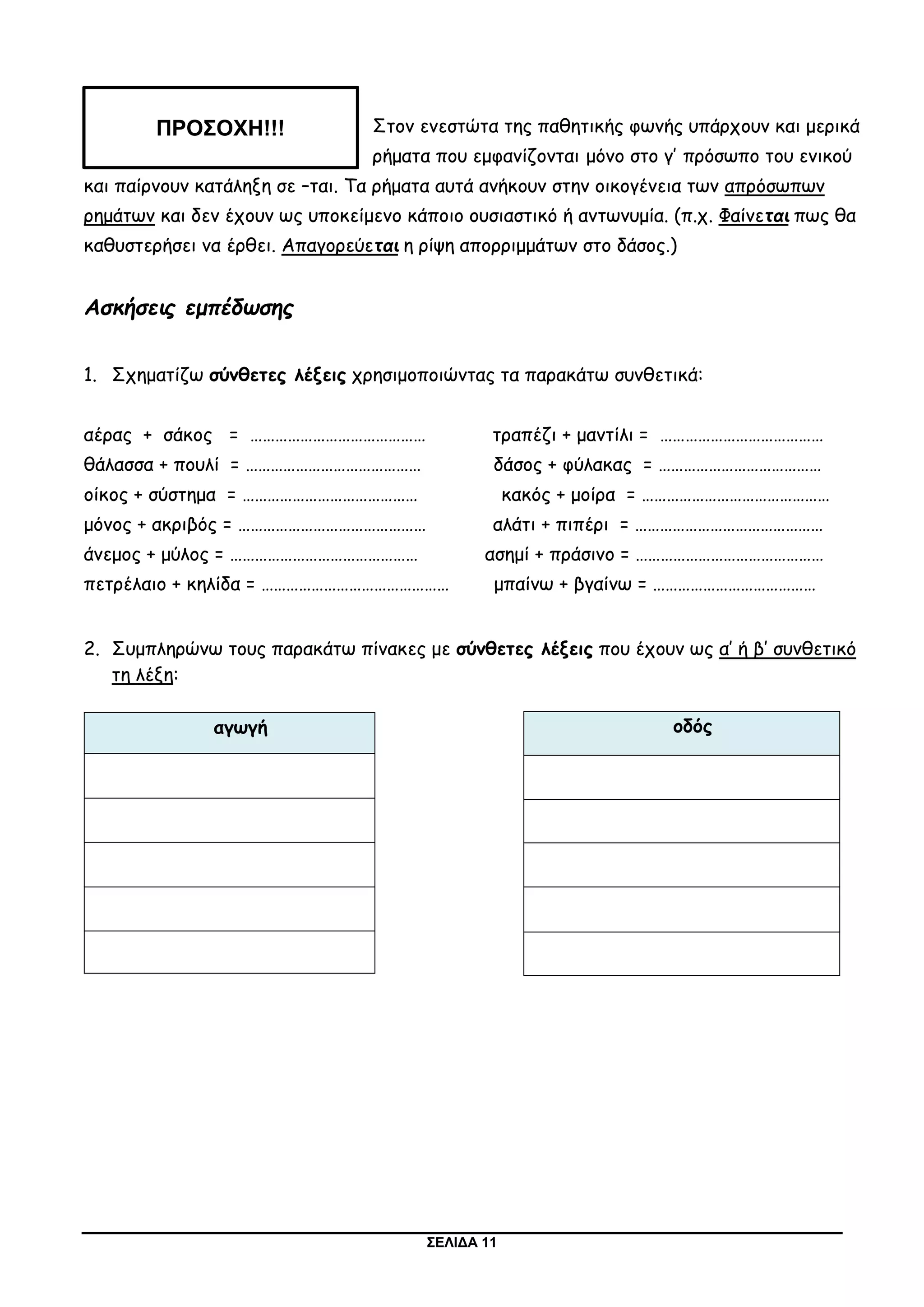 ΣΕΛΙΔΑ 11
Στον ενεστώτα της παθητικής φωνής υπάρχουν και μερικά
ρήματα που εμφανίζονται μόνο στο γ’ πρόσωπο του ενικού
και παίρνουν κατάληξη σε –ται. Τα ρήματα αυτά ανήκουν στην οικογένεια των απρόσωπων
ρημάτων και δεν έχουν ως υποκείμενο κάποιο ουσιαστικό ή αντωνυμία. (π.χ. Φαίνεται πως θα
καθυστερήσει να έρθει. Απαγορεύεται η ρίψη απορριμμάτων στο δάσος.)
Ασκήσεις εμπέδωσης
1. Σχηματίζω σύνθετες λέξεις χρησιμοποιώντας τα παρακάτω συνθετικά:
αέρας + σάκος = …………………………………… τραπέζι + μαντίλι = …………………………………
θάλασσα + πουλί = …………………………………… δάσος + φύλακας = …………………………………
οίκος + σύστημα = …………………………………… κακός + μοίρα = ………………………………………
μόνος + ακριβός = ……………………………………… αλάτι + πιπέρι = ………………………………………
άνεμος + μύλος = ……………………………………… ασημί + πράσινο = ………………………………………
πετρέλαιο + κηλίδα = ……………………………………… μπαίνω + βγαίνω = …………………………………
2. Συμπληρώνω τους παρακάτω πίνακες με σύνθετες λέξεις που έχουν ως α’ ή β’ συνθετικό
τη λέξη:
αγωγή οδός
ΠΡΟΣΟΧΗ!!!
 