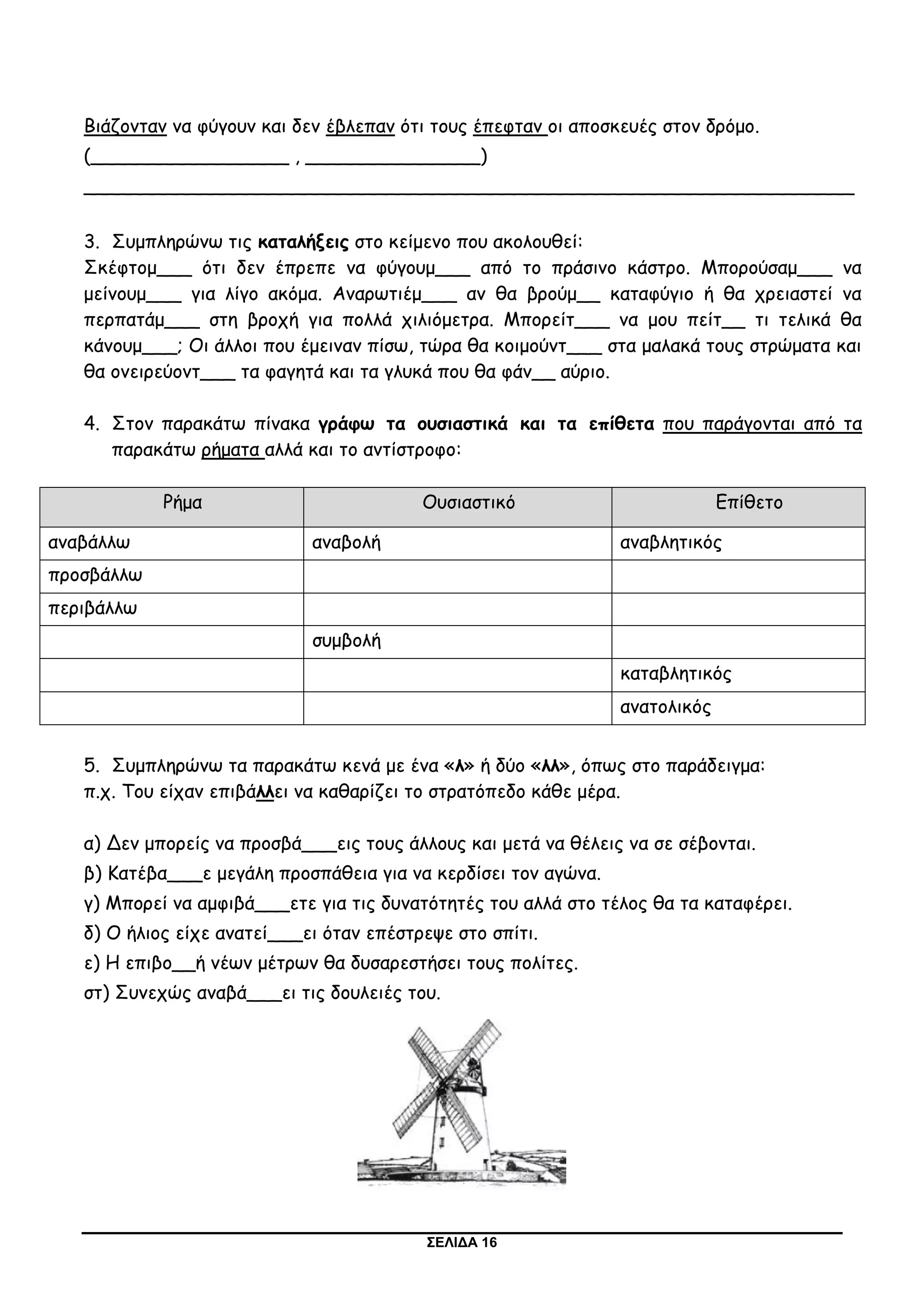 ΣΕΛΙΔΑ 16
Βιάζονταν να φύγουν και δεν έβλεπαν ότι τους έπεφταν οι αποσκευές στον δρόμο.
(_________________ , _______________)
__________________________________________________________________
3. Συμπληρώνω τις καταλήξεις στο κείμενο που ακολουθεί:
Σκέφτομ___ ότι δεν έπρεπε να φύγουμ___ από το πράσινο κάστρο. Μπορούσαμ___ να
μείνουμ___ για λίγο ακόμα. Αναρωτιέμ___ αν θα βρούμ__ καταφύγιο ή θα χρειαστεί να
περπατάμ___ στη βροχή για πολλά χιλιόμετρα. Μπορείτ___ να μου πείτ__ τι τελικά θα
κάνουμ___; Οι άλλοι που έμειναν πίσω, τώρα θα κοιμούντ___ στα μαλακά τους στρώματα και
θα ονειρεύοντ___ τα φαγητά και τα γλυκά που θα φάν__ αύριο.
4. Στον παρακάτω πίνακα γράφω τα ουσιαστικά και τα επίθετα που παράγονται από τα
παρακάτω ρήματα αλλά και το αντίστροφο:
Ρήμα Ουσιαστικό Επίθετο
αναβάλλω αναβολή αναβλητικός
προσβάλλω
περιβάλλω
συμβολή
καταβλητικός
ανατολικός
5. Συμπληρώνω τα παρακάτω κενά με ένα «λ» ή δύο «λλ», όπως στο παράδειγμα:
π.χ. Του είχαν επιβάλλει να καθαρίζει το στρατόπεδο κάθε μέρα.
α) Δεν μπορείς να προσβά___εις τους άλλους και μετά να θέλεις να σε σέβονται.
β) Κατέβα___ε μεγάλη προσπάθεια για να κερδίσει τον αγώνα.
γ) Μπορεί να αμφιβά___ετε για τις δυνατότητές του αλλά στο τέλος θα τα καταφέρει.
δ) Ο ήλιος είχε ανατεί___ει όταν επέστρεψε στο σπίτι.
ε) Η επιβο__ή νέων μέτρων θα δυσαρεστήσει τους πολίτες.
στ) Συνεχώς αναβά___ει τις δουλειές του.
 