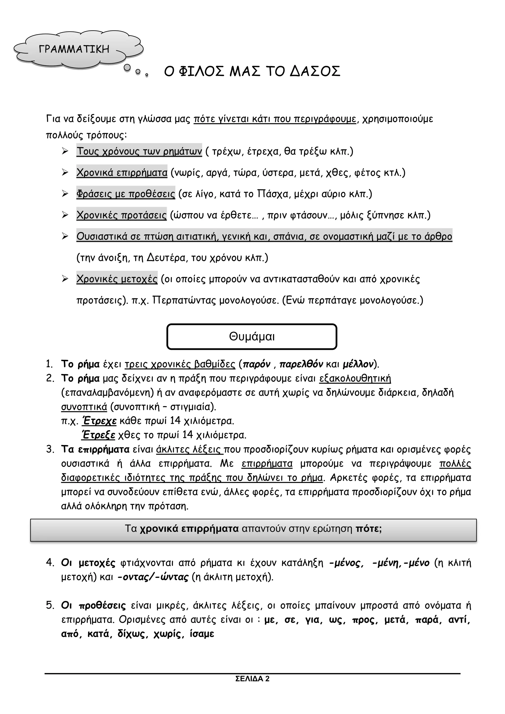ΣΕΛΙΔΑ 2
Ο ΦΙΛΟΣ ΜΑΣ ΤΟ ΔΑΣΟΣ
Για να δείξουμε στη γλώσσα μας πότε γίνεται κάτι που περιγράφουμε, χρησιμοποιούμε
πολλούς τρόπους:
 Τους χρόνους των ρημάτων ( τρέχω, έτρεχα, θα τρέξω κλπ.)
 Χρονικά επιρρήματα (νωρίς, αργά, τώρα, ύστερα, μετά, χθες, φέτος κτλ.)
 Φράσεις με προθέσεις (σε λίγο, κατά το Πάσχα, μέχρι αύριο κλπ.)
 Χρονικές προτάσεις (ώσπου να έρθετε… , πριν φτάσουν…, μόλις ξύπνησε κλπ.)
 Ουσιαστικά σε πτώση αιτιατική, γενική και, σπάνια, σε ονομαστική μαζί με το άρθρο
(την άνοιξη, τη Δευτέρα, του χρόνου κλπ.)
 Χρονικές μετοχές (οι οποίες μπορούν να αντικατασταθούν και από χρονικές
προτάσεις). π.χ. Περπατώντας μονολογούσε. (Ενώ περπάταγε μονολογούσε.)
1. Το ρήμα έχει τρεις χρονικές βαθμίδες (παρόν , παρελθόν και μέλλον).
2. Το ρήμα μας δείχνει αν η πράξη που περιγράφουμε είναι εξακολουθητική
(επαναλαμβανόμενη) ή αν αναφερόμαστε σε αυτή χωρίς να δηλώνουμε διάρκεια, δηλαδή
συνοπτικά (συνοπτική – στιγμιαία).
π.χ. Έτρεχε κάθε πρωί 14 χιλιόμετρα.
Έτρεξε χθες το πρωί 14 χιλιόμετρα.
3. Τα επιρρήματα είναι άκλιτες λέξεις που προσδιορίζουν κυρίως ρήματα και ορισμένες φορές
ουσιαστικά ή άλλα επιρρήματα. Με επιρρήματα μπορούμε να περιγράψουμε πολλές
διαφορετικές ιδιότητες της πράξης που δηλώνει το ρήμα. Αρκετές φορές, τα επιρρήματα
μπορεί να συνοδεύουν επίθετα ενώ, άλλες φορές, τα επιρρήματα προσδιορίζουν όχι το ρήμα
αλλά ολόκληρη την πρόταση.
4. Οι μετοχές φτιάχνονται από ρήματα κι έχουν κατάληξη -μένος, -μένη,-μένο (η κλιτή
μετοχή) και -οντας/-ώντας (η άκλιτη μετοχή).
5. Οι προθέσεις είναι μικρές, άκλιτες λέξεις, οι οποίες μπαίνουν μπροστά από ονόματα ή
επιρρήματα. Ορισμένες από αυτές είναι οι : με, σε, για, ως, προς, μετά, παρά, αντί,
από, κατά, δίχως, χωρίς, ίσαμε
ΓΡΑΜΜΑΤΙΚΗ
Θυμάμαι
Τα χρονικά επιρρήματα απαντούν στην ερώτηση πότε;
 