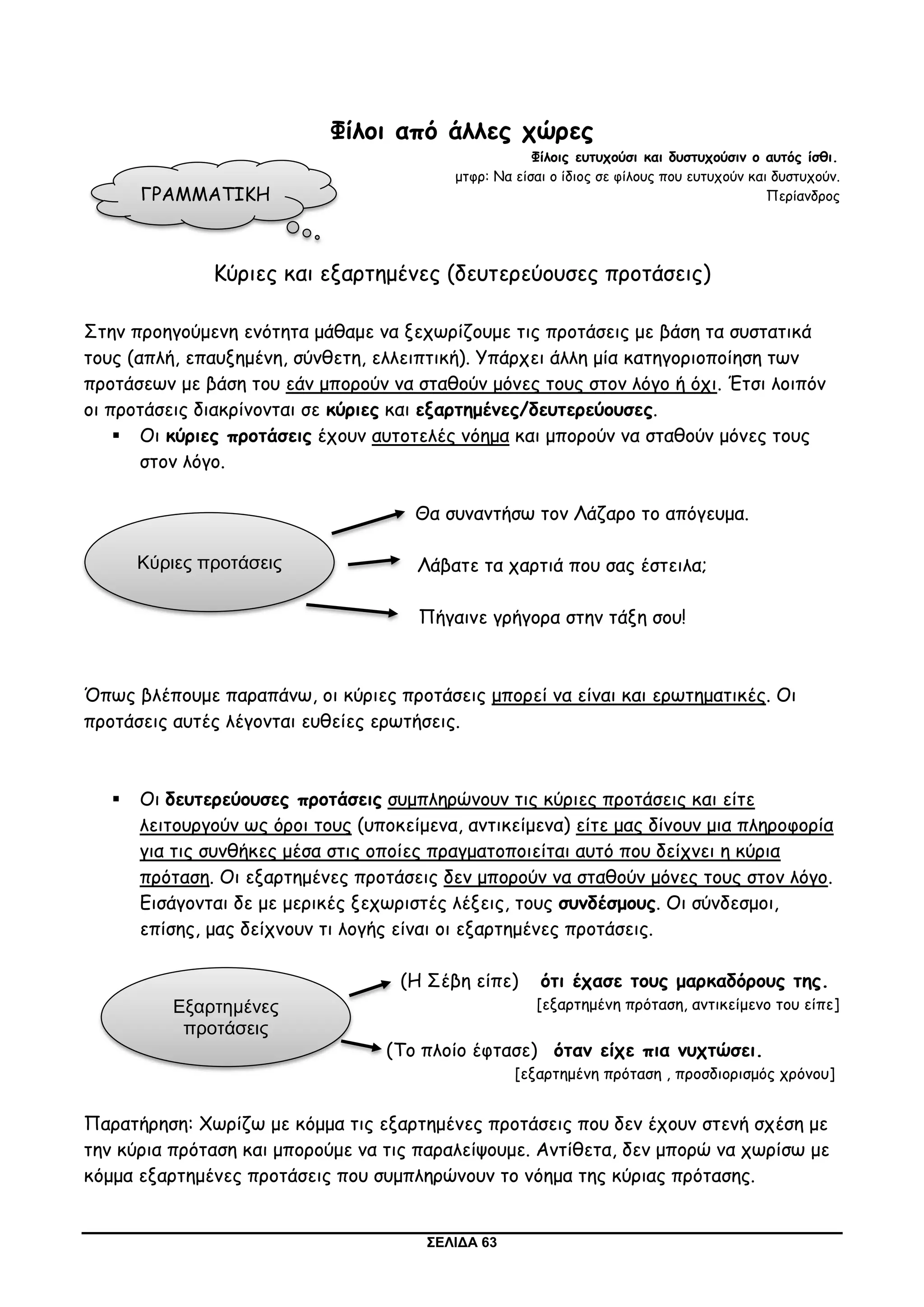 ΣΕΛΙΔΑ 63
Φίλοι από άλλες χώρες
Φίλοις ευτυχούσι και δυστυχούσιν ο αυτός ίσθι.
μτφρ: Να είσαι ο ίδιος σε φίλους που ευτυχούν και δυστυχούν.
Περίανδρος
Κύριες και εξαρτημένες (δευτερεύουσες προτάσεις)
Στην προηγούμενη ενότητα μάθαμε να ξεχωρίζουμε τις προτάσεις με βάση τα συστατικά
τους (απλή, επαυξημένη, σύνθετη, ελλειπτική). Υπάρχει άλλη μία κατηγοριοποίηση των
προτάσεων με βάση του εάν μπορούν να σταθούν μόνες τους στον λόγο ή όχι. Έτσι λοιπόν
οι προτάσεις διακρίνονται σε κύριες και εξαρτημένες/δευτερεύουσες.
 Οι κύριες προτάσεις έχουν αυτοτελές νόημα και μπορούν να σταθούν μόνες τους
στον λόγο.
Θα συναντήσω τον Λάζαρο το απόγευμα.
Λάβατε τα χαρτιά που σας έστειλα;
Πήγαινε γρήγορα στην τάξη σου!
Όπως βλέπουμε παραπάνω, οι κύριες προτάσεις μπορεί να είναι και ερωτηματικές. Οι
προτάσεις αυτές λέγονται ευθείες ερωτήσεις.
 Οι δευτερεύουσες προτάσεις συμπληρώνουν τις κύριες προτάσεις και είτε
λειτουργούν ως όροι τους (υποκείμενα, αντικείμενα) είτε μας δίνουν μια πληροφορία
για τις συνθήκες μέσα στις οποίες πραγματοποιείται αυτό που δείχνει η κύρια
πρόταση. Οι εξαρτημένες προτάσεις δεν μπορούν να σταθούν μόνες τους στον λόγο.
Εισάγονται δε με μερικές ξεχωριστές λέξεις, τους συνδέσμους. Οι σύνδεσμοι,
επίσης, μας δείχνουν τι λογής είναι οι εξαρτημένες προτάσεις.
(Η Σέβη είπε) ότι έχασε τους μαρκαδόρους της.
[εξαρτημένη πρόταση, αντικείμενο του είπε]
(Το πλοίο έφτασε) όταν είχε πια νυχτώσει.
[εξαρτημένη πρόταση , προσδιορισμός χρόνου]
Παρατήρηση: Χωρίζω με κόμμα τις εξαρτημένες προτάσεις που δεν έχουν στενή σχέση με
την κύρια πρόταση και μπορούμε να τις παραλείψουμε. Αντίθετα, δεν μπορώ να χωρίσω με
κόμμα εξαρτημένες προτάσεις που συμπληρώνουν το νόημα της κύριας πρότασης.
ΓΡΑΜΜΑΤΙΚΗ
Κύριες προτάσεις
Εξαρτημένες
προτάσεις
 