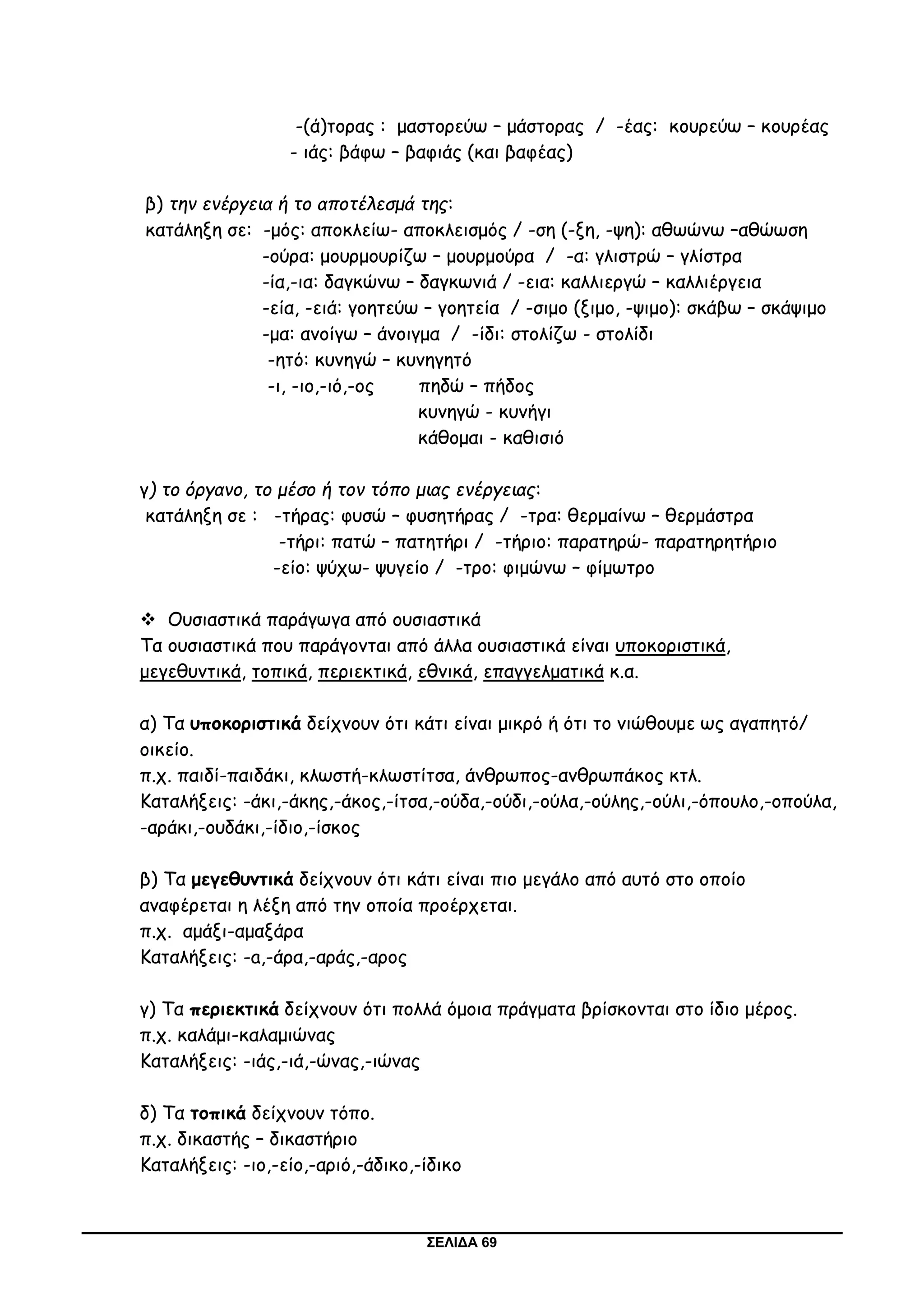 ΣΕΛΙΔΑ 69
-(ά)τορας : μαστορεύω – μάστορας / -έας: κουρεύω – κουρέας
- ιάς: βάφω – βαφιάς (και βαφέας)
β) την ενέργεια ή το αποτέλεσμά της:
κατάληξη σε: -μός: αποκλείω- αποκλεισμός / -ση (-ξη, -ψη): αθωώνω –αθώωση
-ούρα: μουρμουρίζω – μουρμούρα / -α: γλιστρώ – γλίστρα
-ία,-ια: δαγκώνω – δαγκωνιά / -εια: καλλιεργώ – καλλιέργεια
-εία, -ειά: γοητεύω – γοητεία / -σιμο (ξιμο, -ψιμο): σκάβω – σκάψιμο
-μα: ανοίγω – άνοιγμα / -ίδι: στολίζω - στολίδι
-ητό: κυνηγώ – κυνηγητό
-ι, -ιο,-ιό,-ος πηδώ – πήδος
κυνηγώ - κυνήγι
κάθομαι - καθισιό
γ) το όργανο, το μέσο ή τον τόπο μιας ενέργειας:
κατάληξη σε : -τήρας: φυσώ – φυσητήρας / -τρα: θερμαίνω – θερμάστρα
-τήρι: πατώ – πατητήρι / -τήριο: παρατηρώ- παρατηρητήριο
-είο: ψύχω- ψυγείο / -τρο: φιμώνω – φίμωτρο
 Ουσιαστικά παράγωγα από ουσιαστικά
Τα ουσιαστικά που παράγονται από άλλα ουσιαστικά είναι υποκοριστικά,
μεγεθυντικά, τοπικά, περιεκτικά, εθνικά, επαγγελματικά κ.α.
α) Τα υποκοριστικά δείχνουν ότι κάτι είναι μικρό ή ότι το νιώθουμε ως αγαπητό/
οικείο.
π.χ. παιδί-παιδάκι, κλωστή-κλωστίτσα, άνθρωπος-ανθρωπάκος κτλ.
Καταλήξεις: -άκι,-άκης,-άκος,-ίτσα,-ούδα,-ούδι,-ούλα,-ούλης,-ούλι,-όπουλο,-οπούλα,
-αράκι,-ουδάκι,-ίδιο,-ίσκος
β) Τα μεγεθυντικά δείχνουν ότι κάτι είναι πιο μεγάλο από αυτό στο οποίο
αναφέρεται η λέξη από την οποία προέρχεται.
π.χ. αμάξι-αμαξάρα
Καταλήξεις: -a,-άρα,-αράς,-αρος
γ) Τα περιεκτικά δείχνουν ότι πολλά όμοια πράγματα βρίσκονται στο ίδιο μέρος.
π.χ. καλάμι-καλαμιώνας
Καταλήξεις: -ιάς,-ιά,-ώνας,-ιώνας
δ) Τα τοπικά δείχνουν τόπο.
π.χ. δικαστής – δικαστήριο
Καταλήξεις: -ιο,-είο,-αριό,-άδικο,-ίδικο
 